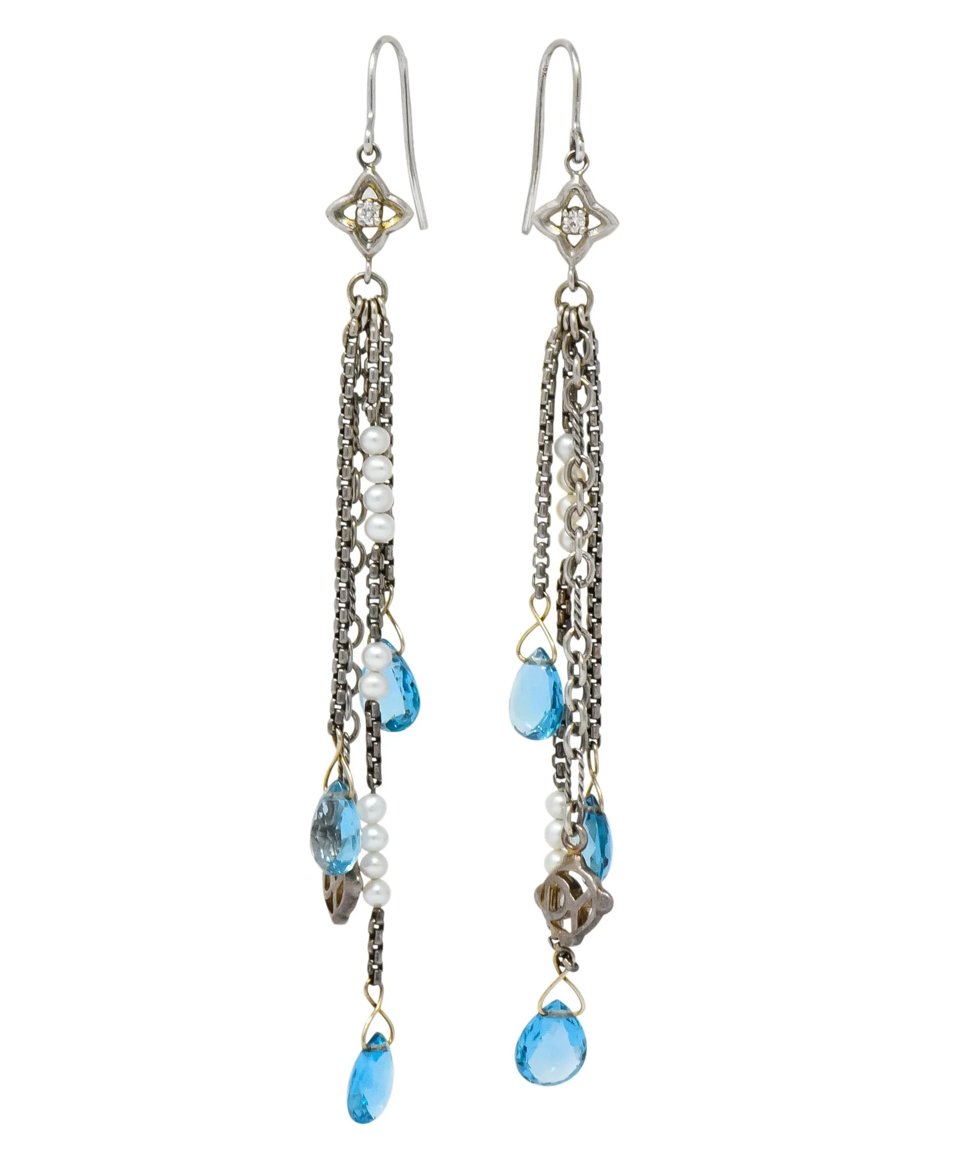 David Yurman Blue Topaz Diamond Pearl Sterling Silver Confetti Tassel Earrings