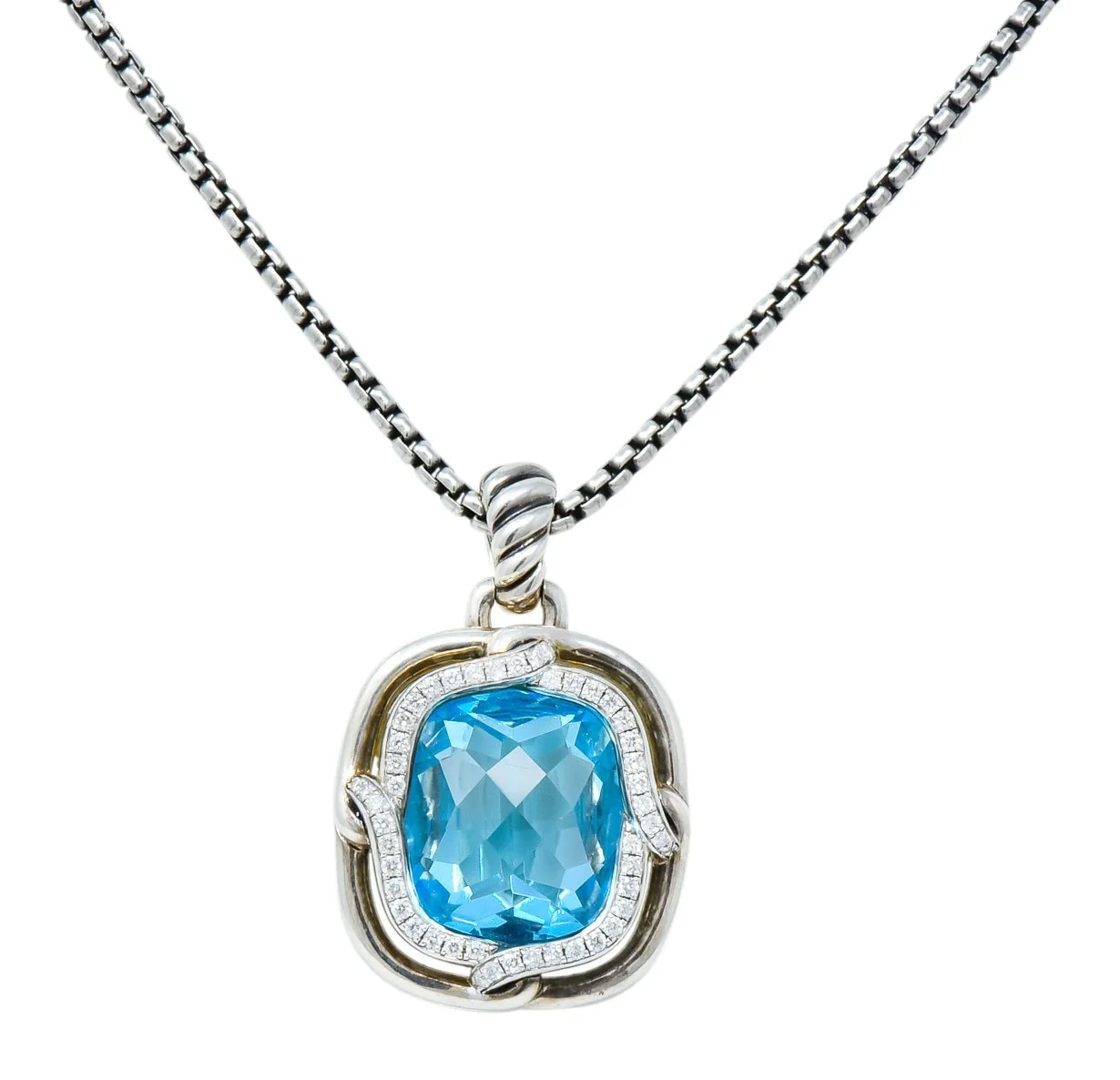 David Yurman Blue Topaz Diamond Sterling Silver 14 Karat Gold Labyrinth Enhancer Necklace - Image 2