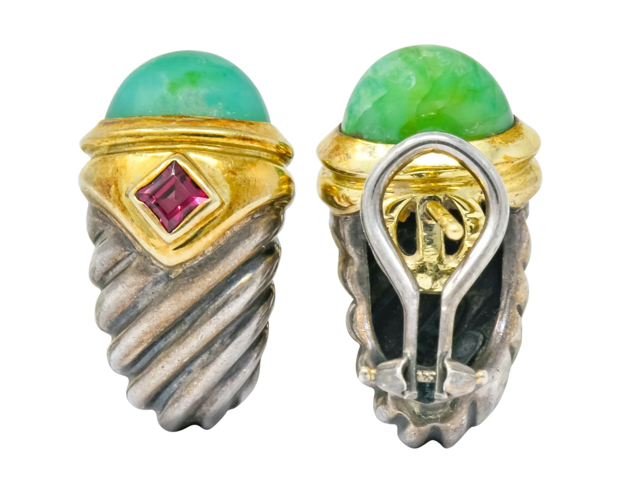 David Yurman Chrysoprase Garnet 14 Karat Gold Sterling Silver Renaissance Earrings - Image 7