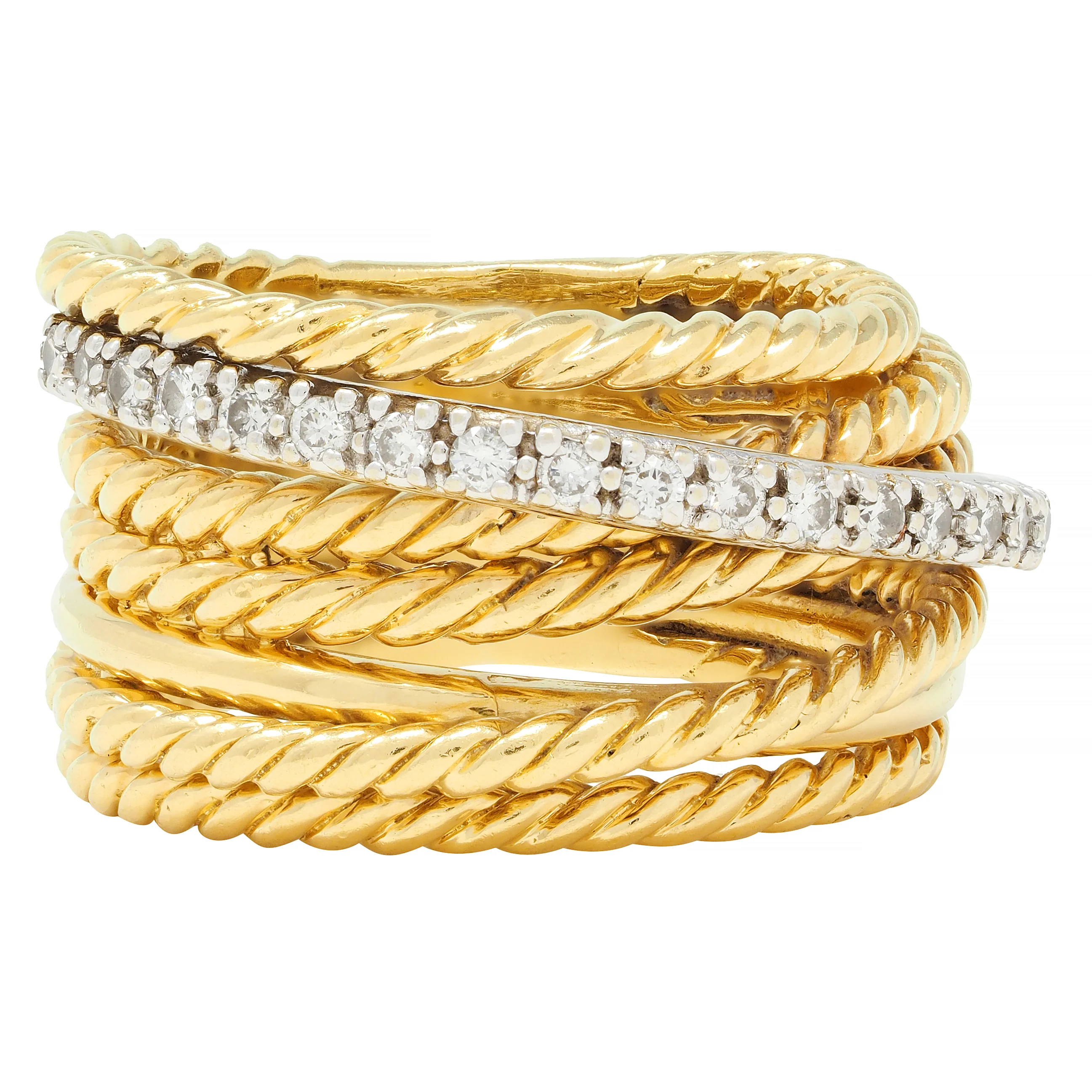 David Yurman Contemporary Diamond 18 Karat Two-Tone Gold Crossover Wide Band Ring