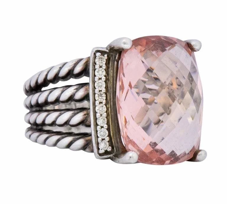David Yurman Morganite Diamond Sterling Silver Large Cable Ring - Image 2