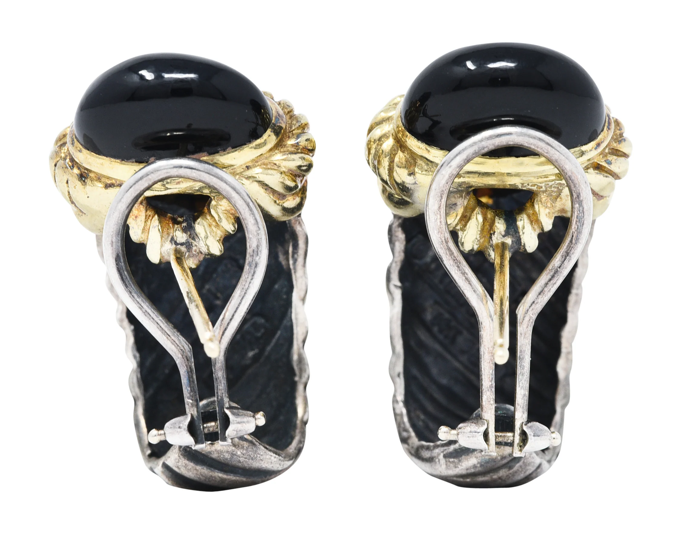 David Yurman Onyx Rubellite Tourmaline 14 Karat Gold Sterling Silver Renaissance J Hoop Earrings - Image 3