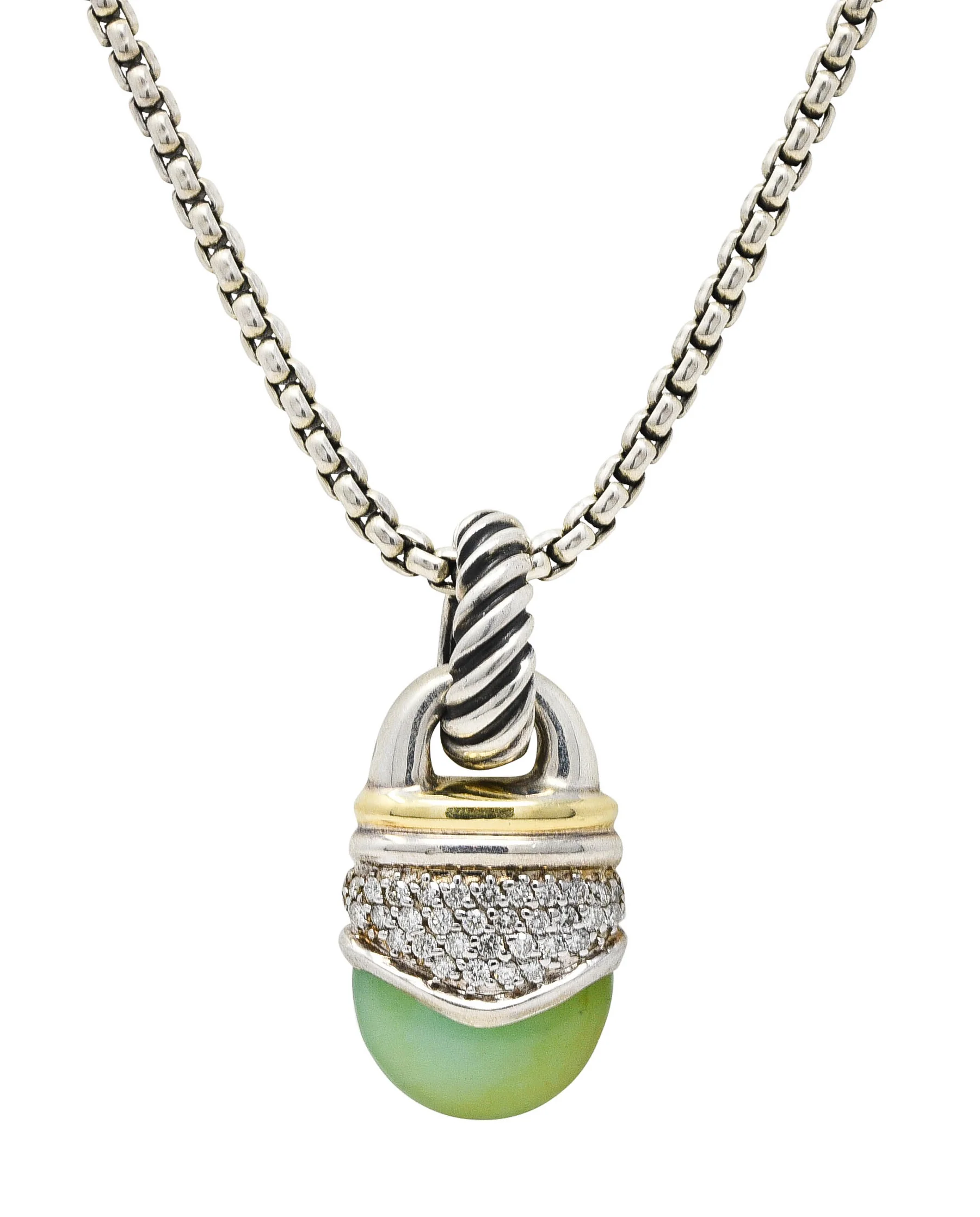 David Yurman Pave Diamond Chrysoprase 18 Karat Gold Sterling Silver Enhancer Pendant Necklace