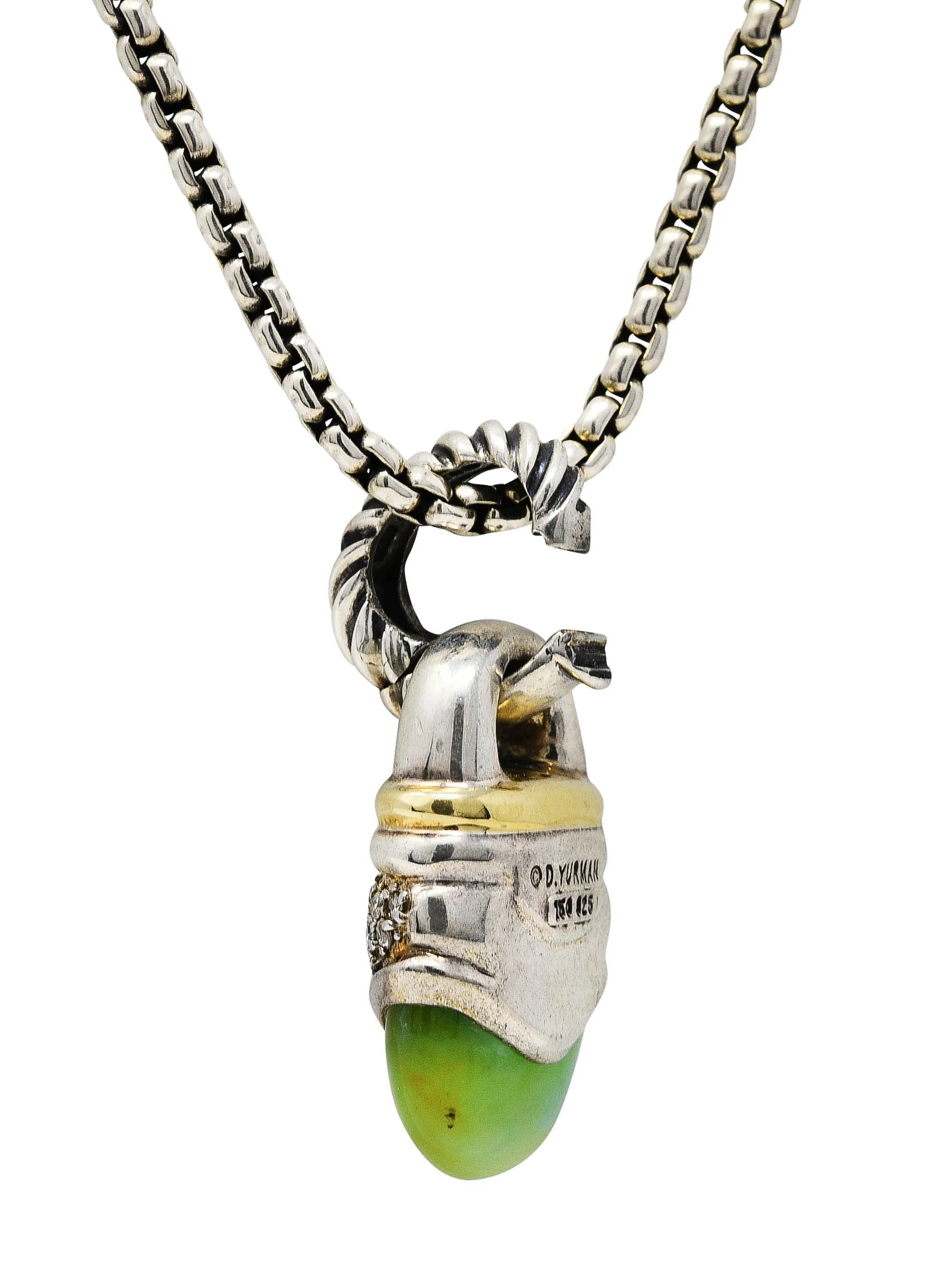 David Yurman Pave Diamond Chrysoprase 18 Karat Gold Sterling Silver Enhancer Pendant Necklace - Image 12