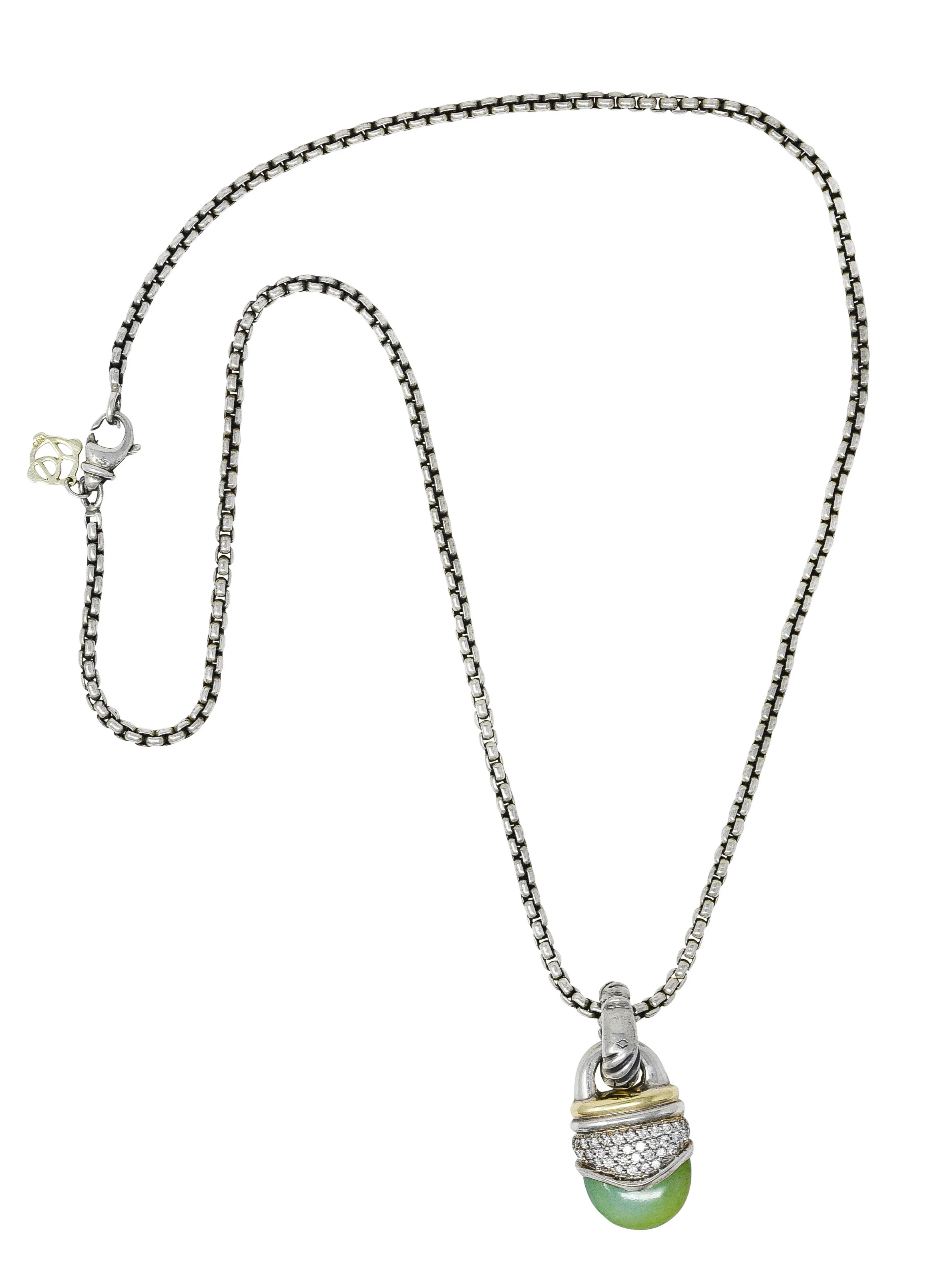 David Yurman Pave Diamond Chrysoprase 18 Karat Gold Sterling Silver Enhancer Pendant Necklace - Image 3