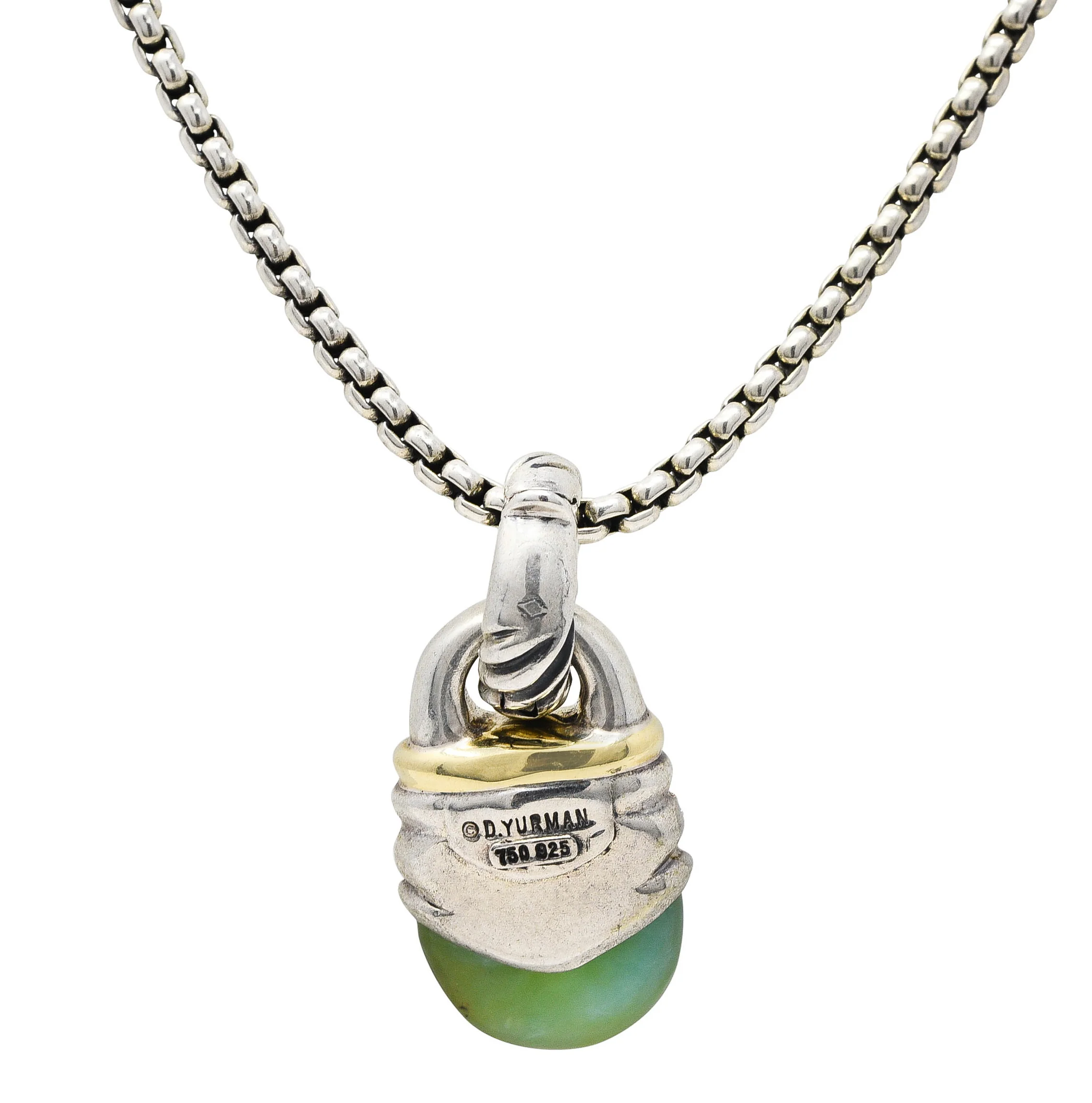 David Yurman Pave Diamond Chrysoprase 18 Karat Gold Sterling Silver Enhancer Pendant Necklace - Image 4
