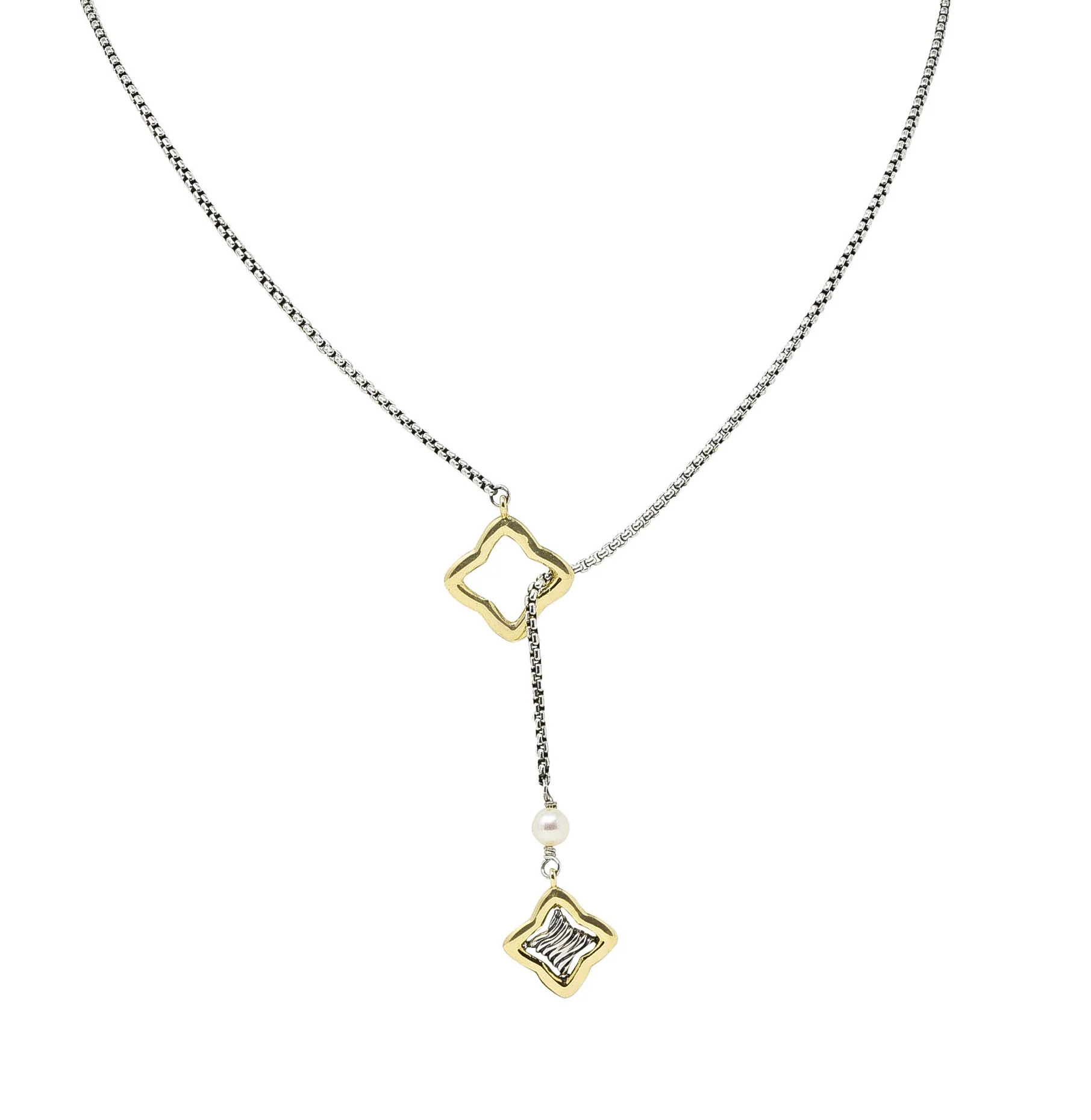 David Yurman Pearl 18 Karat Gold Sterling Silver Quatrefoil Lariat Necklace
