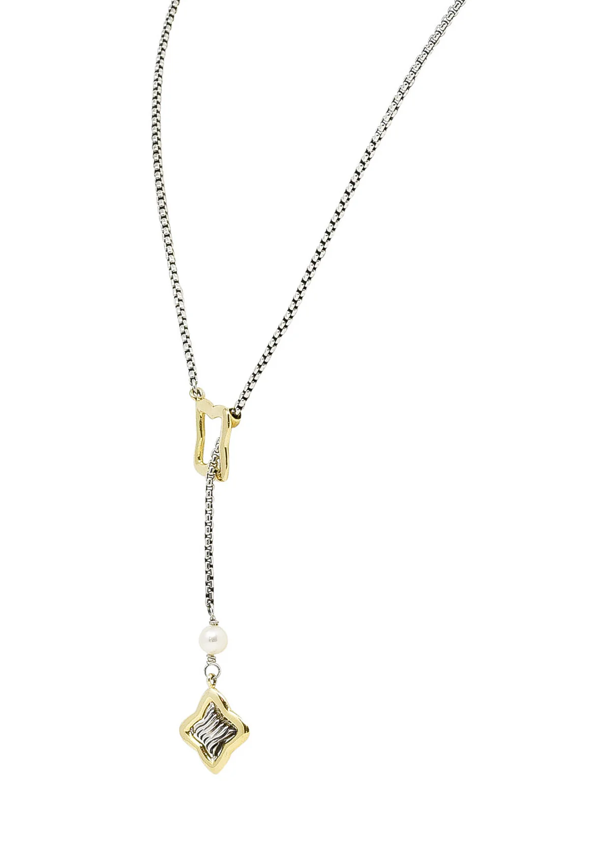 David Yurman Pearl 18 Karat Gold Sterling Silver Quatrefoil Lariat Necklace - Image 4