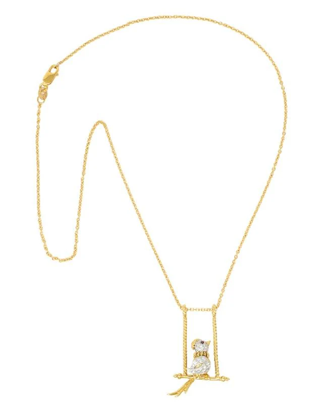 Diamond Ruby Platinum 18 Karat Yellow Gold Bird-On-A-Swing Pendant Necklace - Image 3