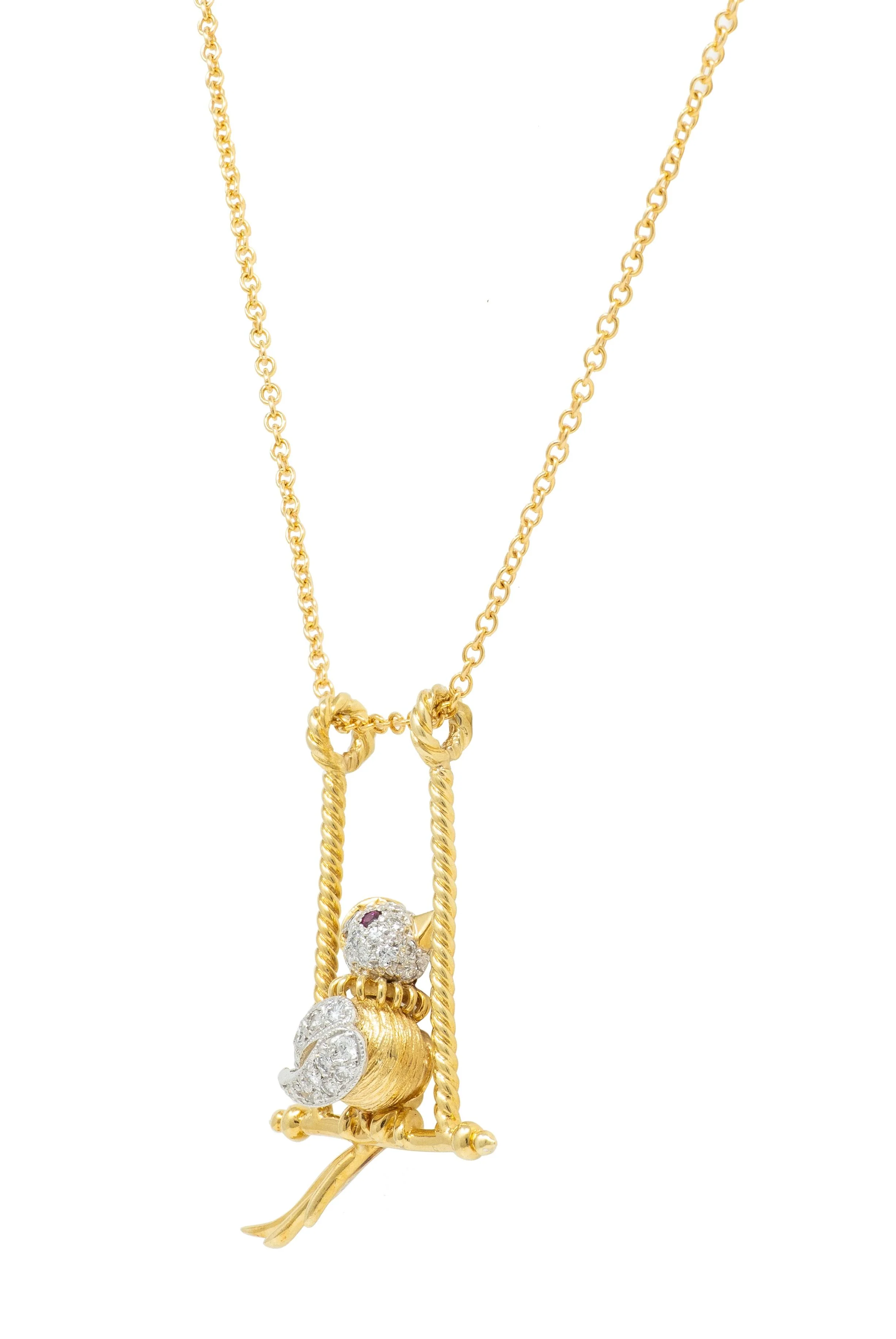 Diamond Ruby Platinum 18 Karat Yellow Gold Bird-On-A-Swing Pendant Necklace - Image 4