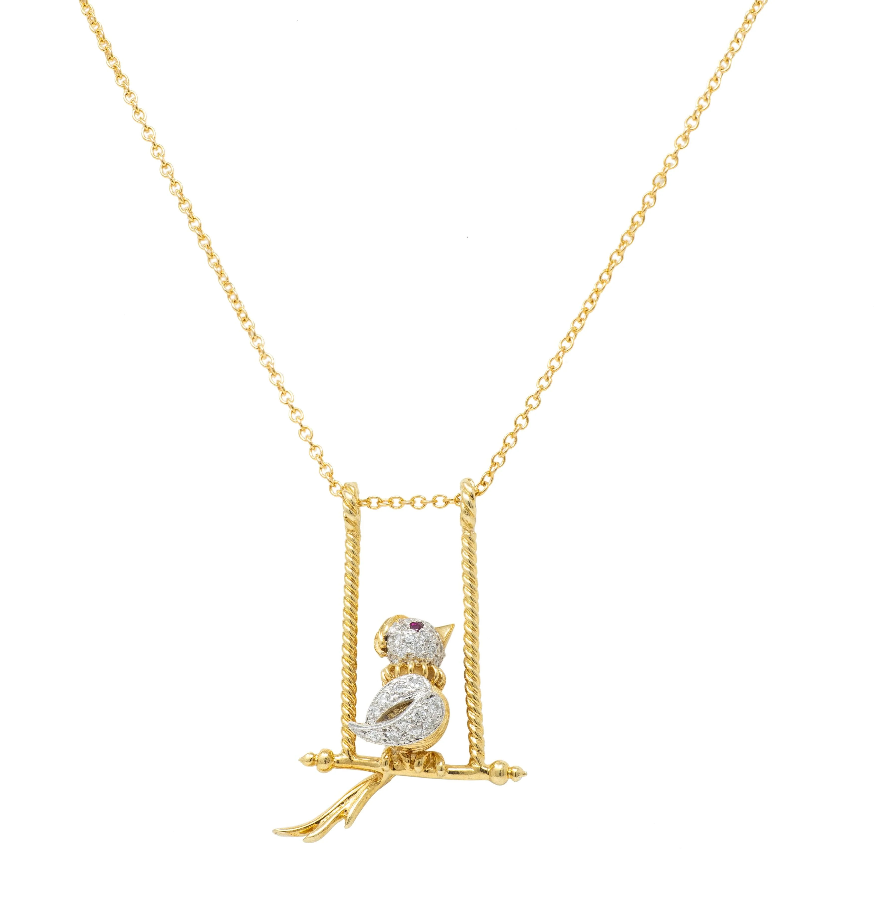Diamond Ruby Platinum 18 Karat Yellow Gold Bird-On-A-Swing Pendant Necklace - Image 7