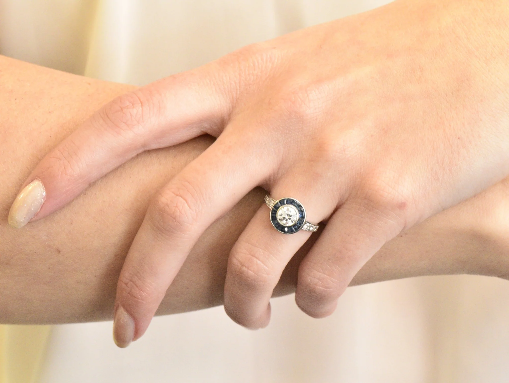 Distinct Art Deco Diamond Sapphire Platinum Engagement Ring - Image 9