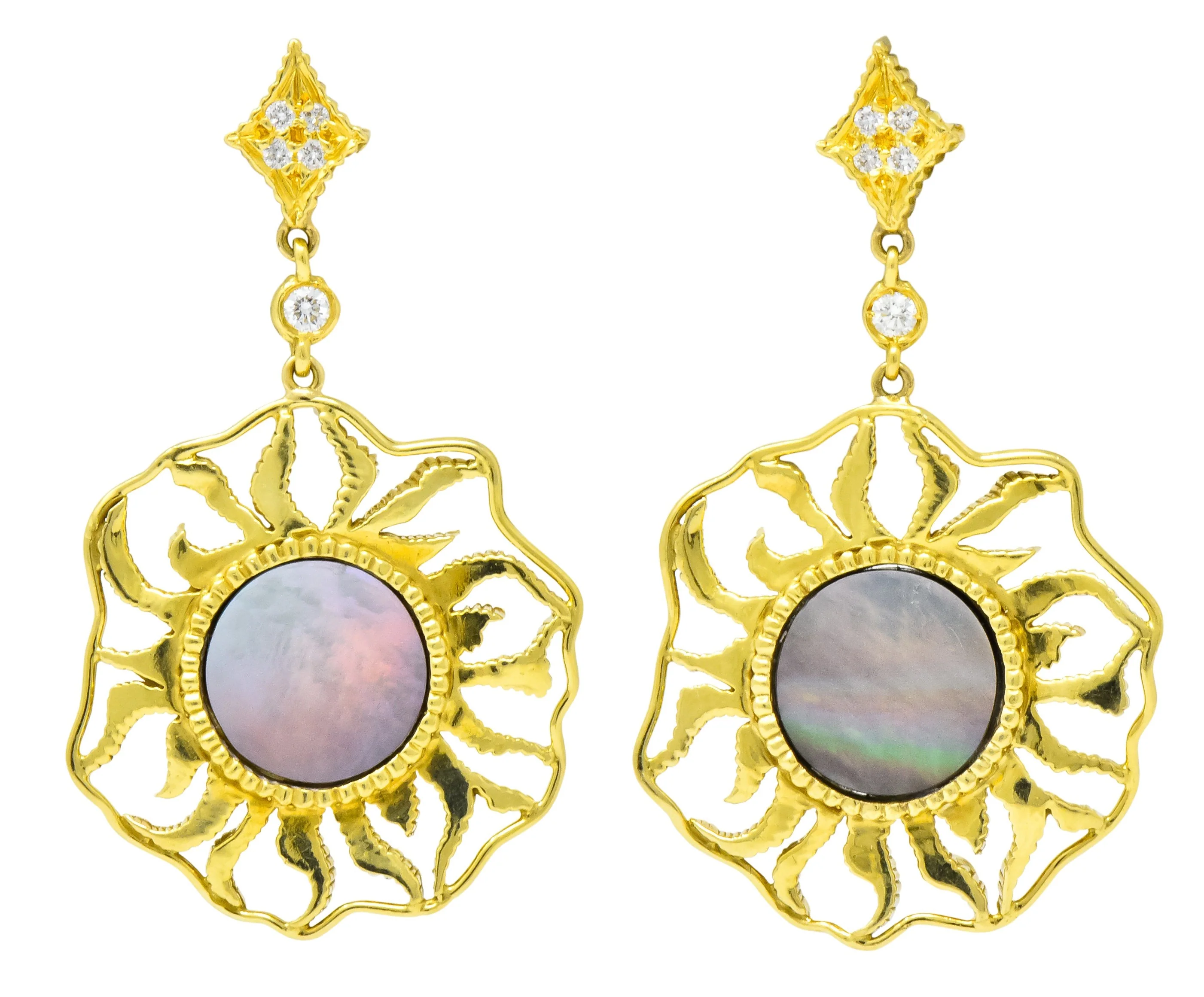 Doris Panos Diamond Mother-Of-Pearl 18 Karat Gold Sunburst Drop Earrings