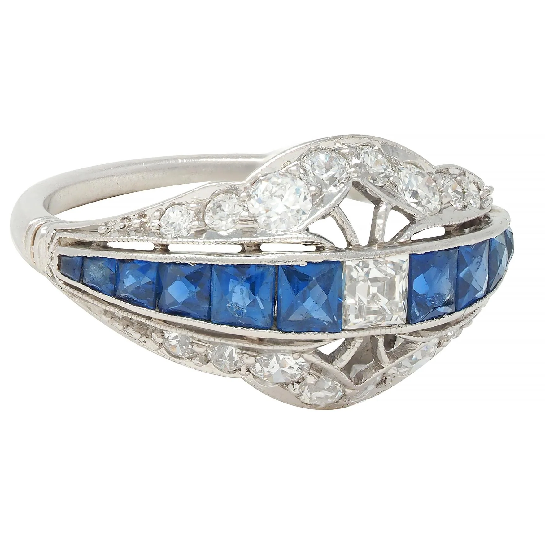 Durand & Co. Art Deco 2.29 CTW Sapphire Diamond Platinum Vintage Bombé Band Ring - Image 2