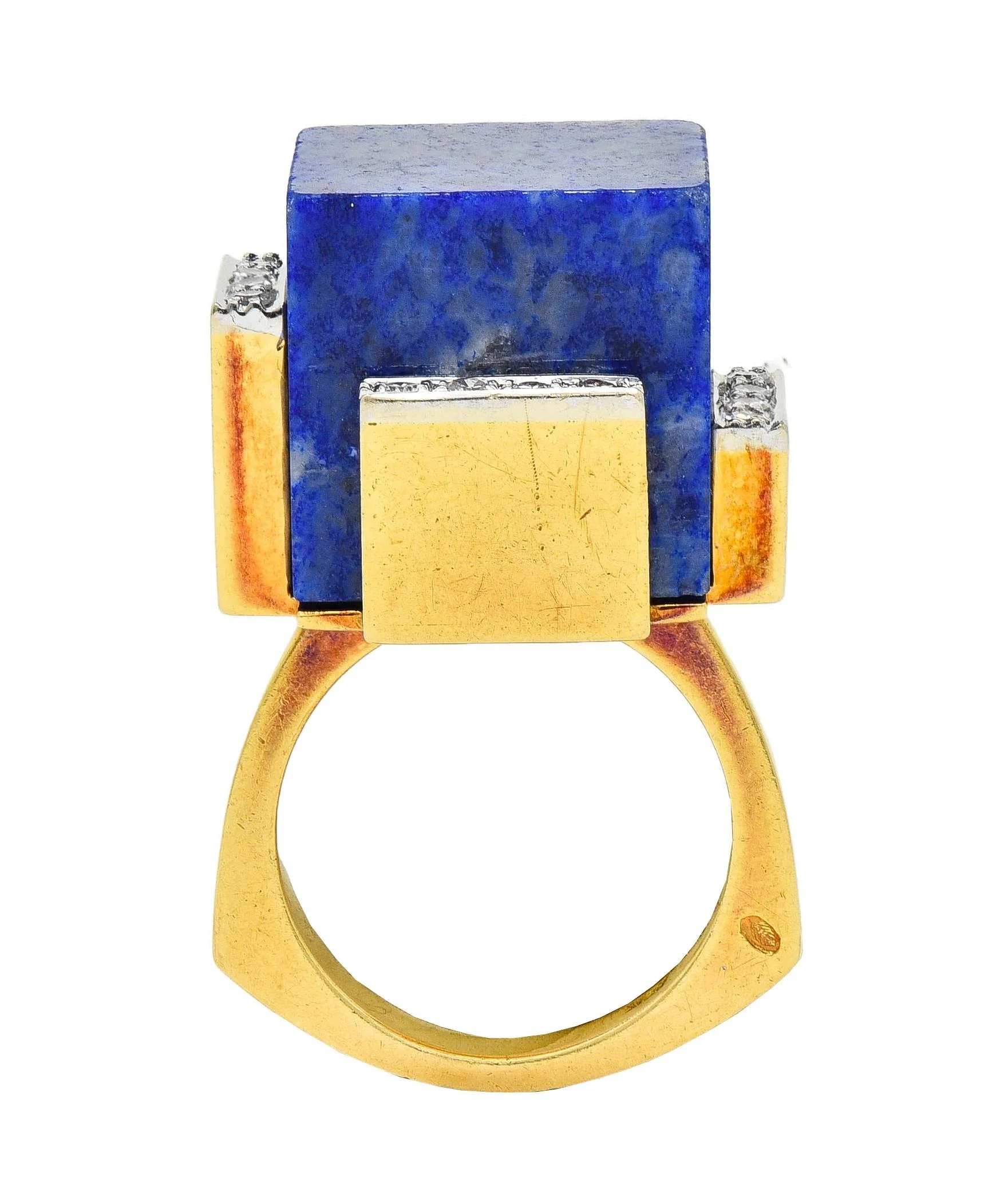 Dutch Modernist Lapis Lazuli Diamond Platinum 18 Karat Gold Vintage Cube Ring - Image 2