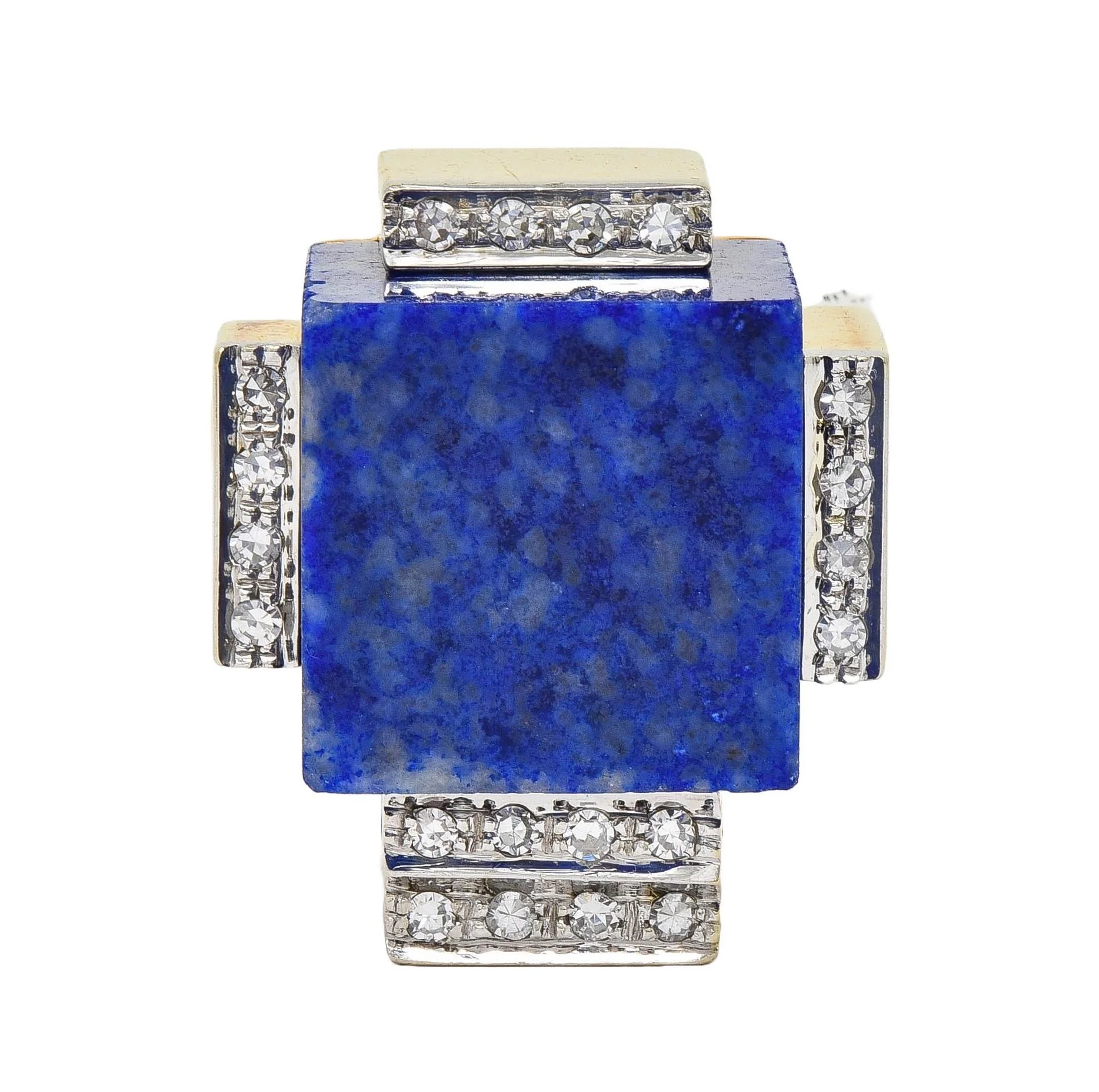 Dutch Modernist Lapis Lazuli Diamond Platinum 18 Karat Gold Vintage Cube Ring - Image 3