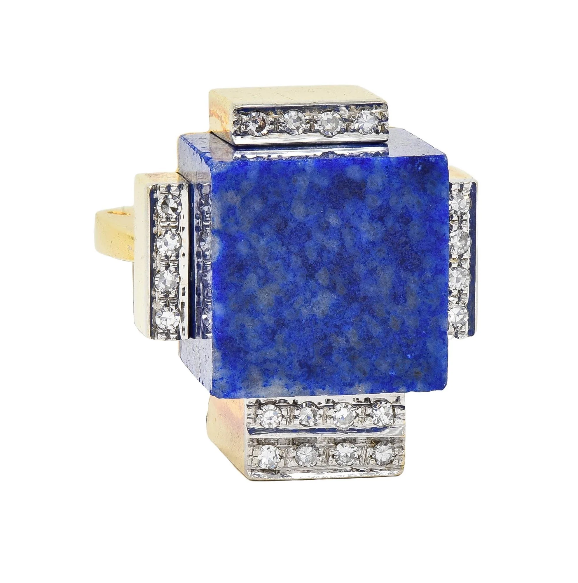 Dutch Modernist Lapis Lazuli Diamond Platinum 18 Karat Gold Vintage Cube Ring - Image 4