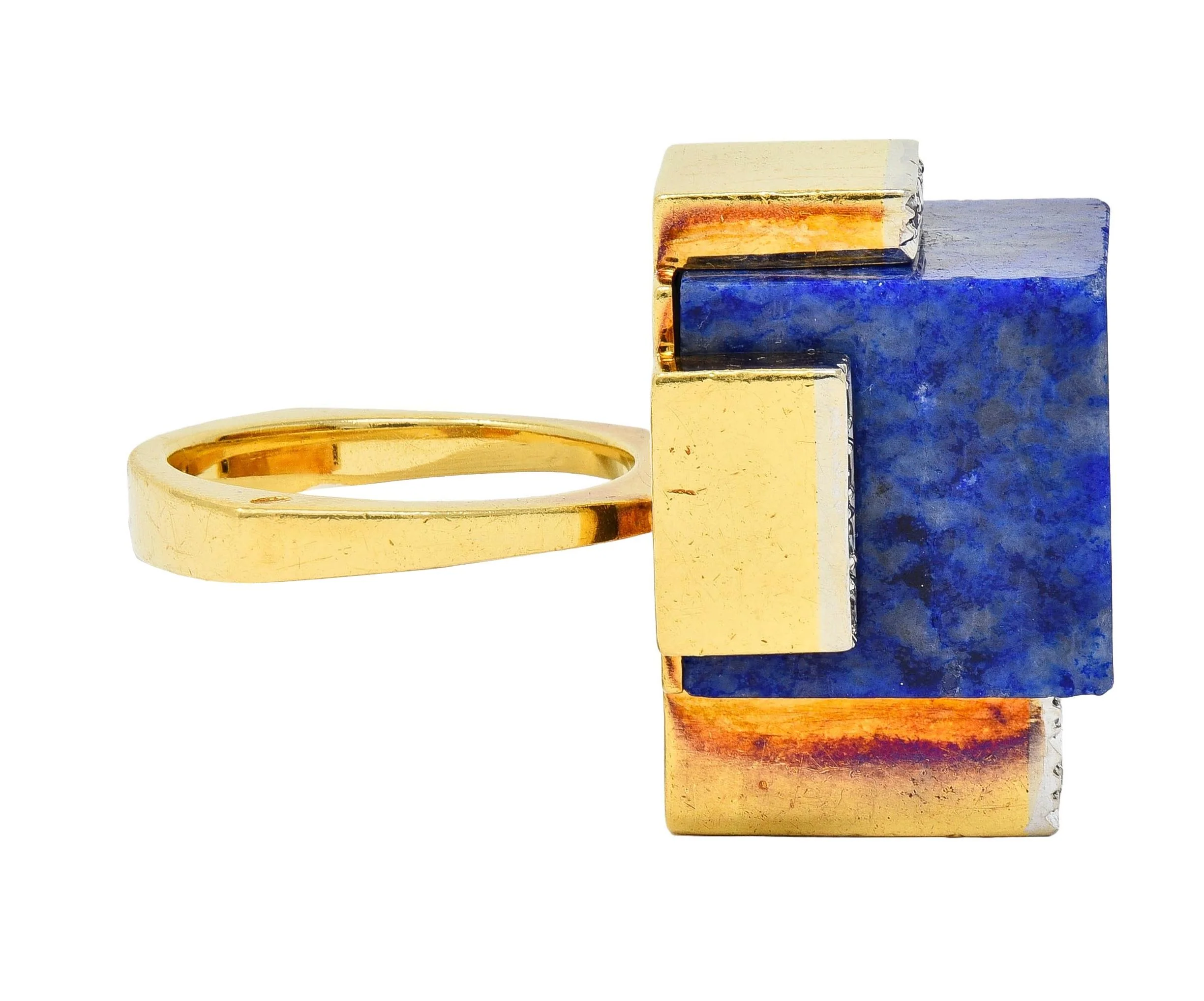 Dutch Modernist Lapis Lazuli Diamond Platinum 18 Karat Gold Vintage Cube Ring - Image 5