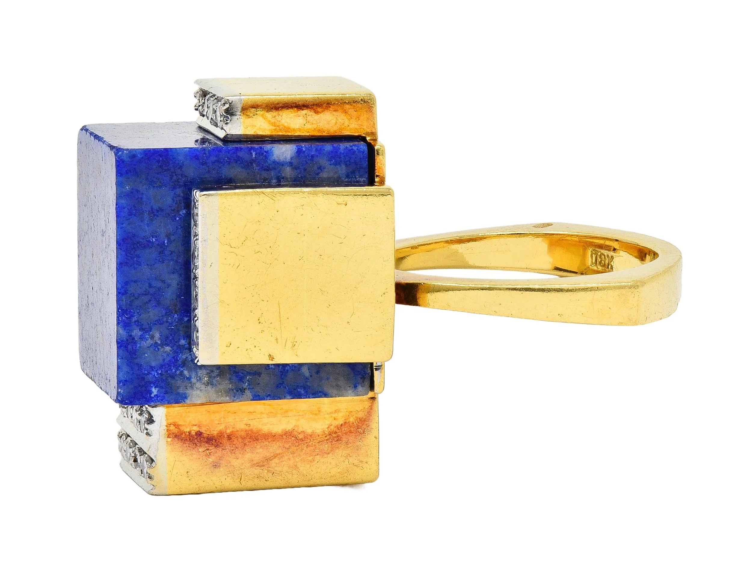 Dutch Modernist Lapis Lazuli Diamond Platinum 18 Karat Gold Vintage Cube Ring - Image 7