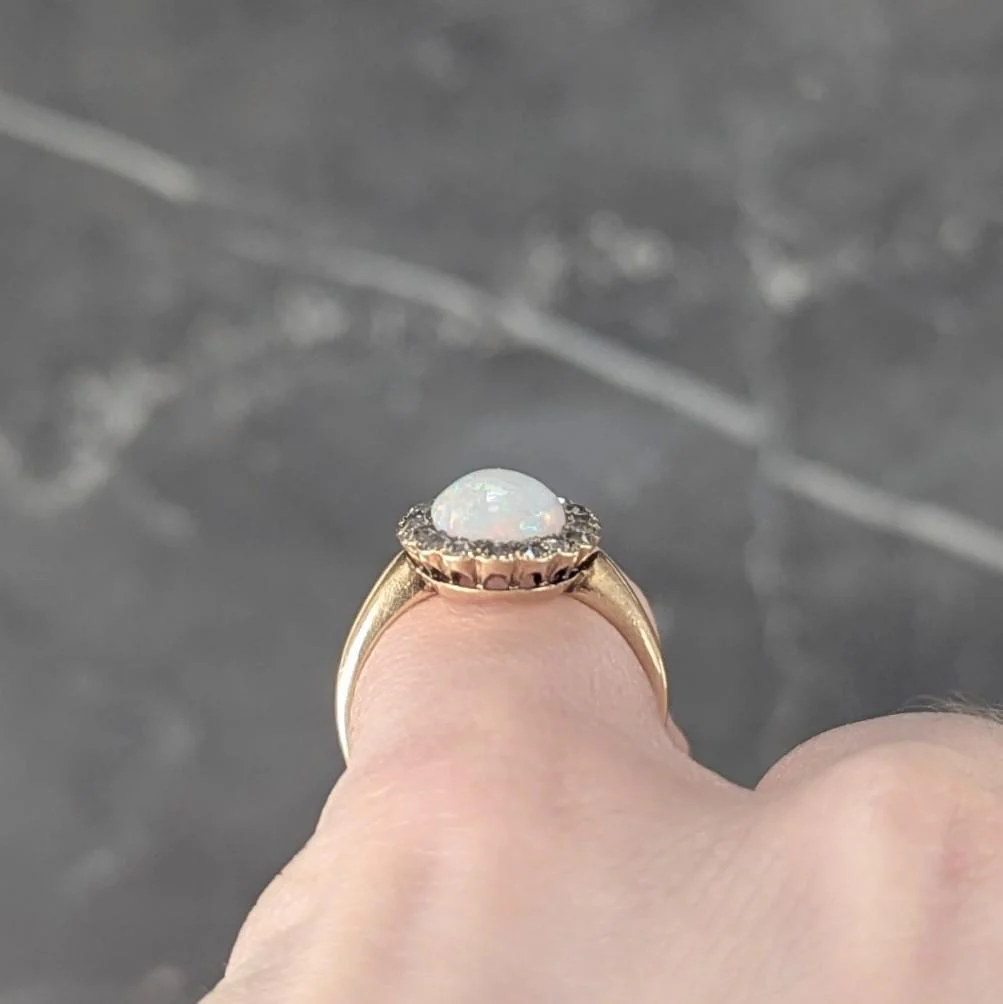 Early 1900's Opal Diamond 14 Karat Yellow Gold Antique Halo Ring - Image 10