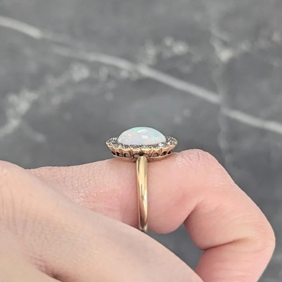 Early 1900's Opal Diamond 14 Karat Yellow Gold Antique Halo Ring - Image 11