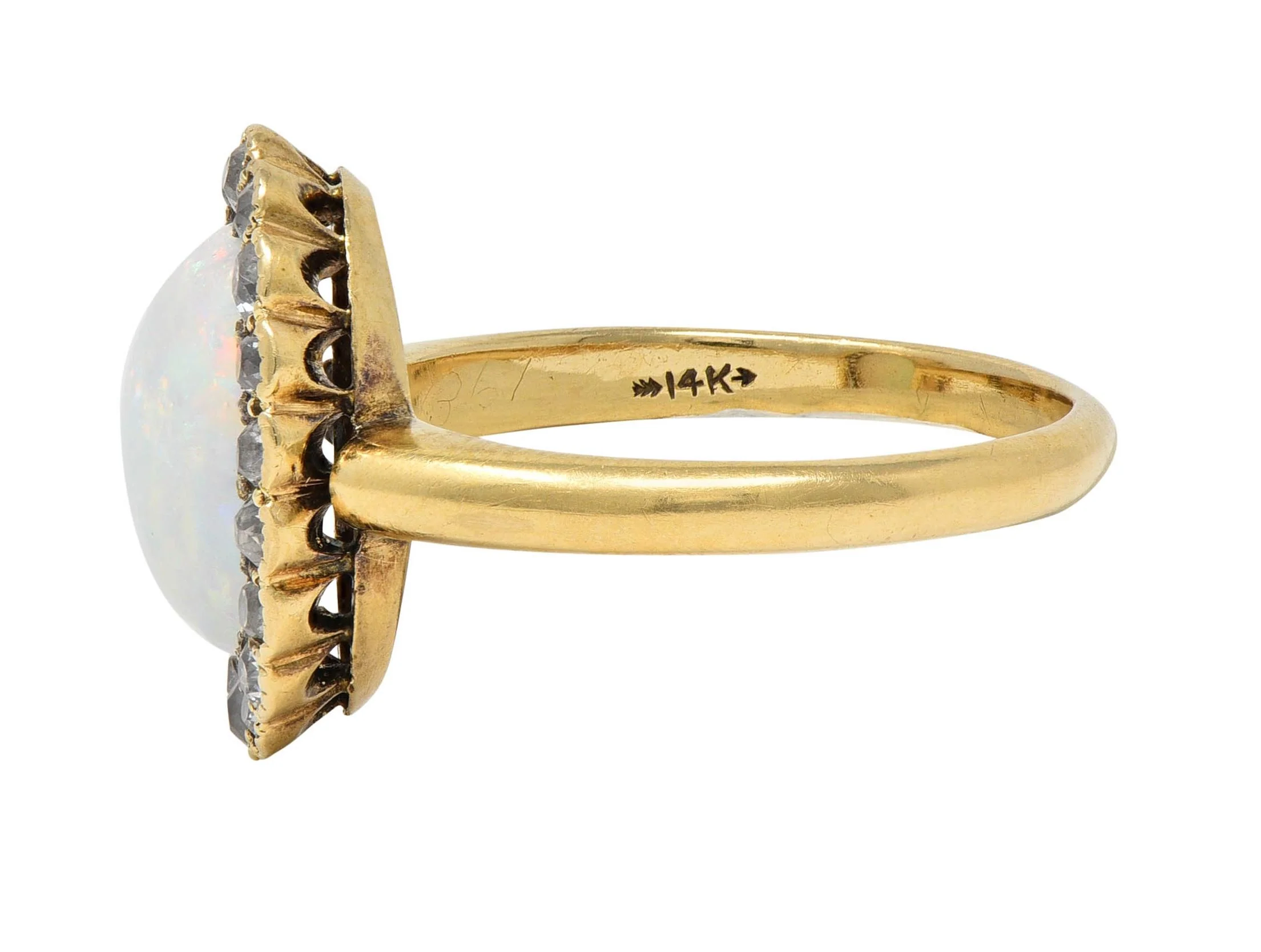 Early 1900's Opal Diamond 14 Karat Yellow Gold Antique Halo Ring - Image 4