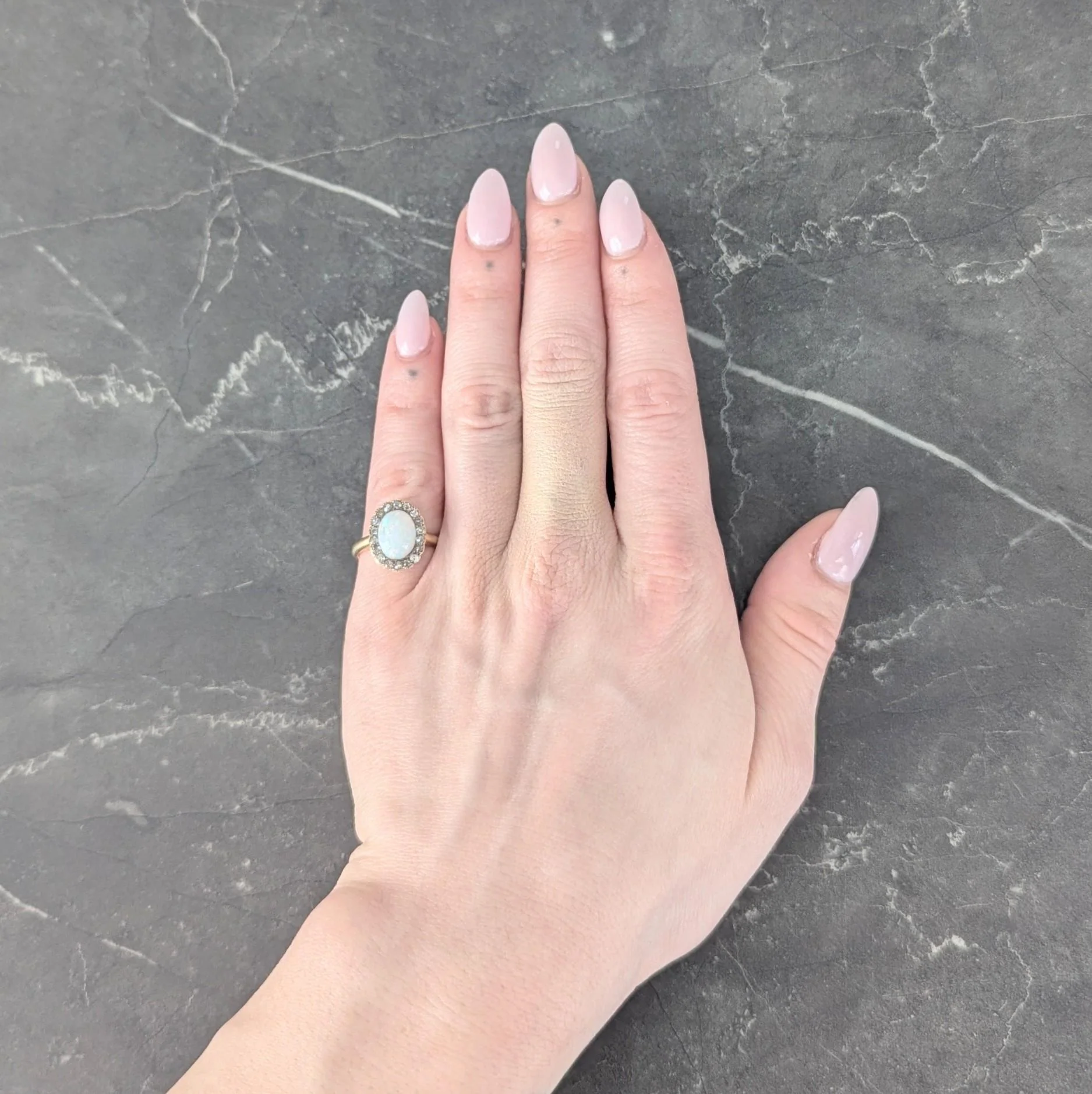 Early 1900's Opal Diamond 14 Karat Yellow Gold Antique Halo Ring - Image 9