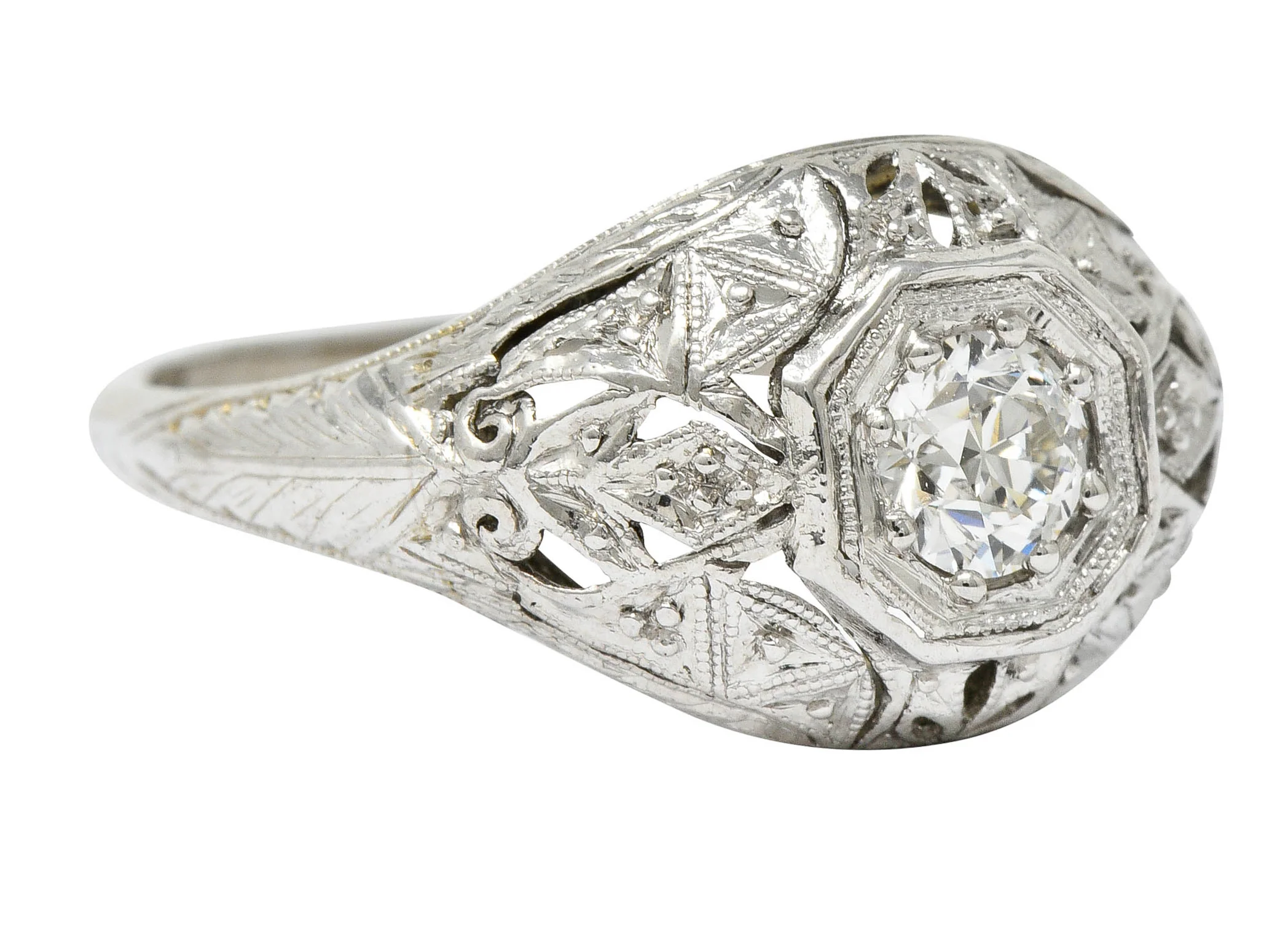 Early Art Deco 0.34 CTW Diamond Platinum-Topped 18 Karat White Gold Foliate Engagement Ring - Image 2