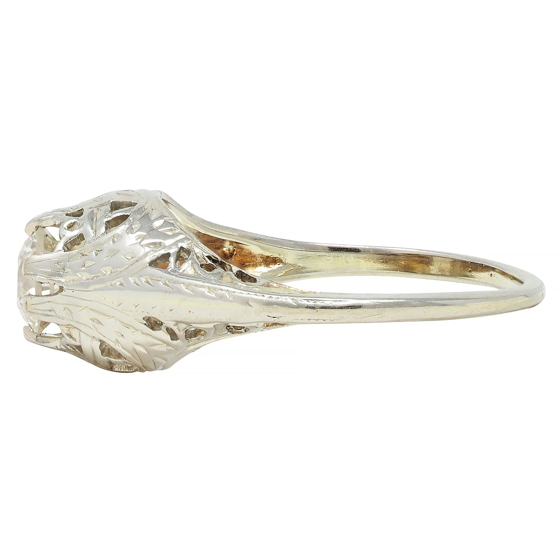 Early Art Deco 0.52 CTW Old European Diamond 18 Karat White Gold Antique Foliate Engagement Ring - Image 5
