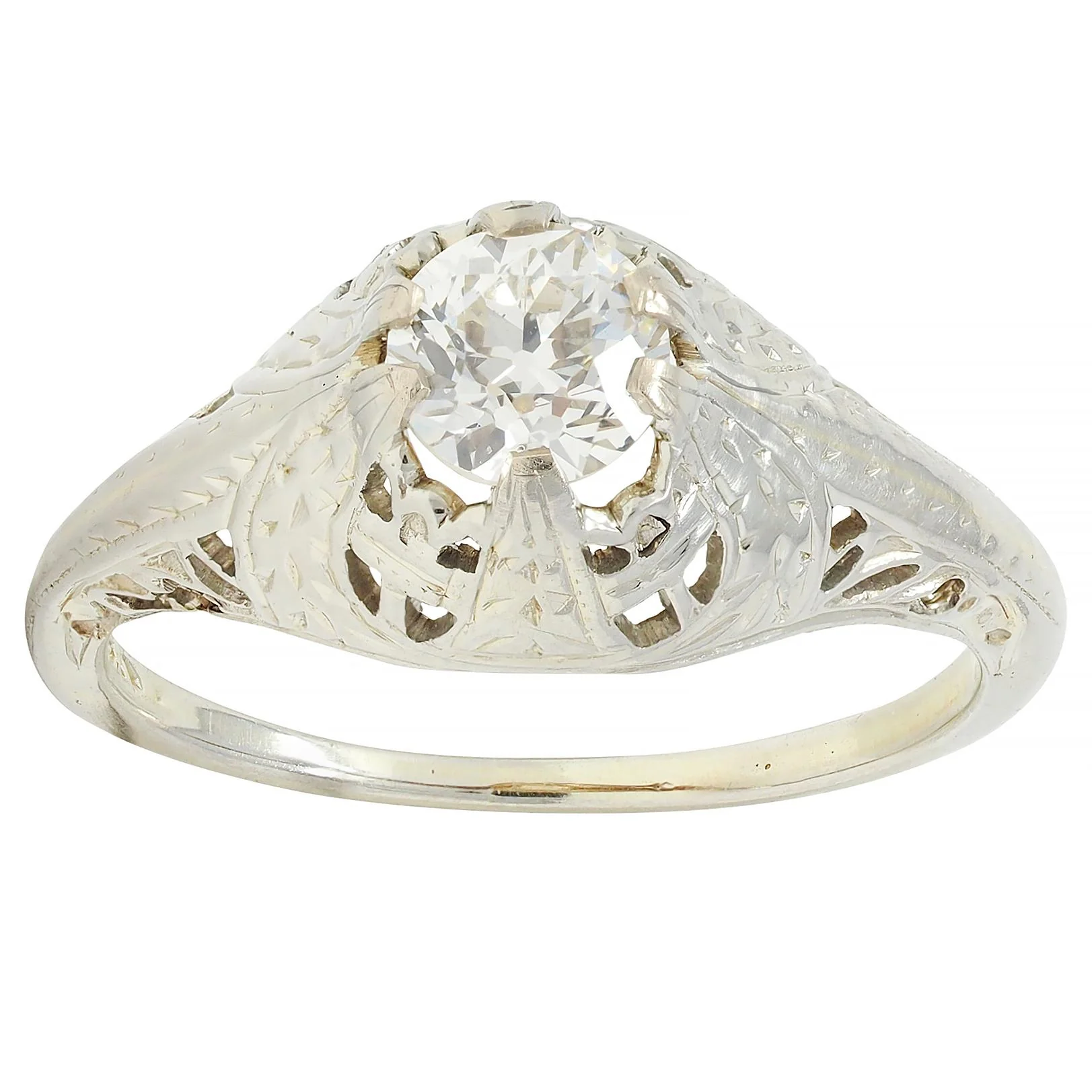 Early Art Deco 0.52 CTW Old European Diamond 18 Karat White Gold Antique Foliate Engagement Ring - Image 8