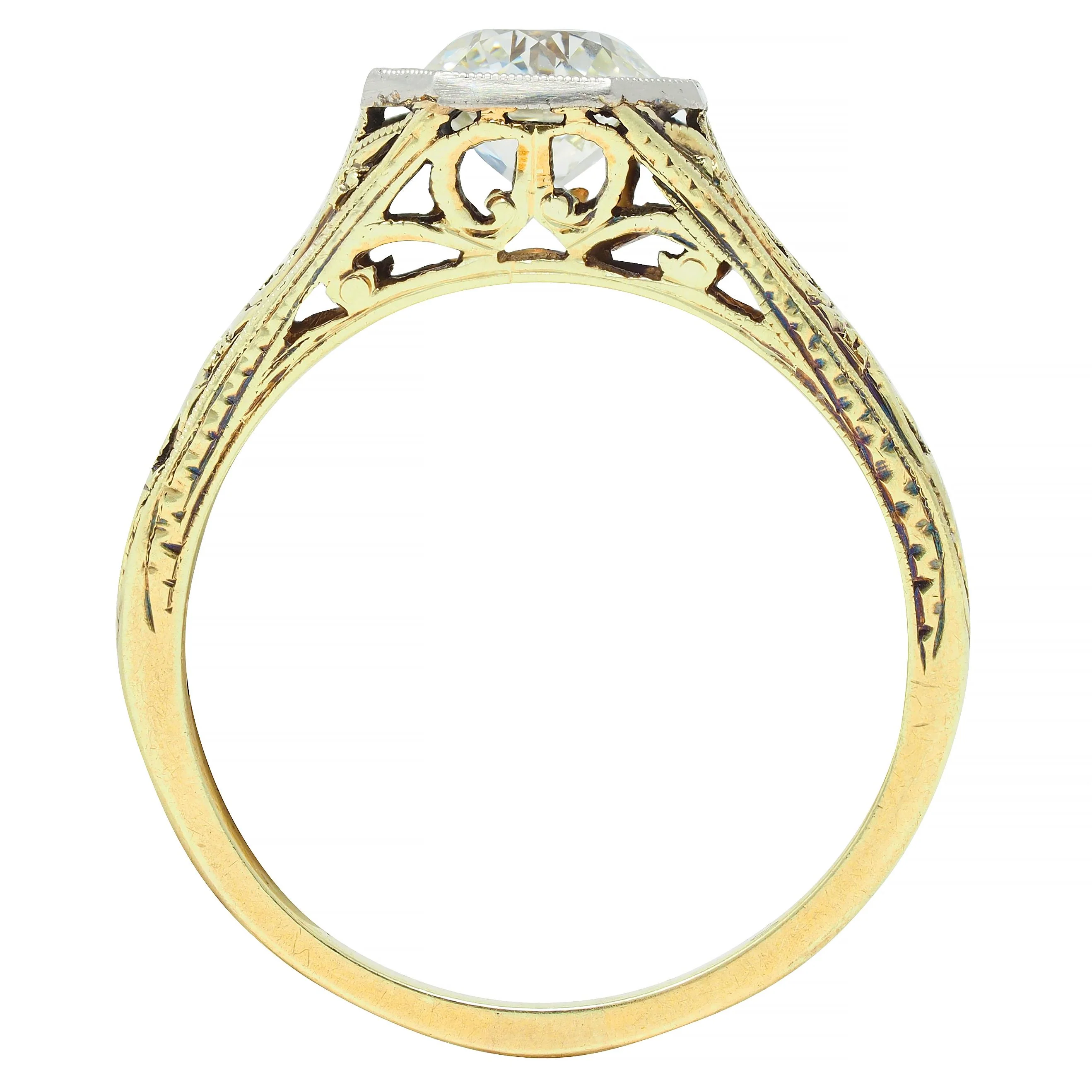 Early Art Deco 0.97 CTW Old European Cut Diamond Platinum 14 Karat Gold Scroll Antique Engagement Ring - Image 9