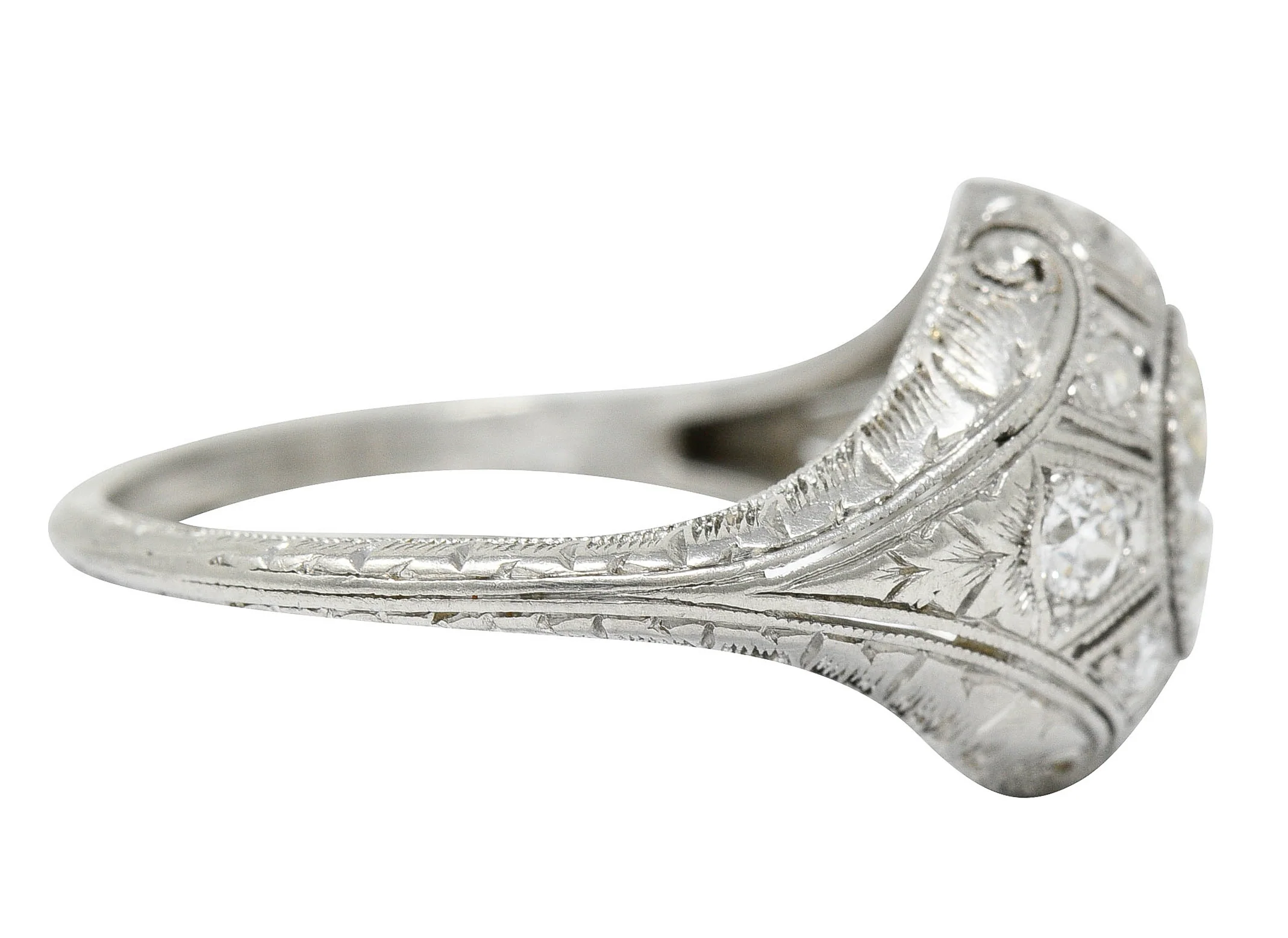 Early Art Deco 1.07 CTW Diamond Platinum Bombe Foliate Engagement Ring - Image 4