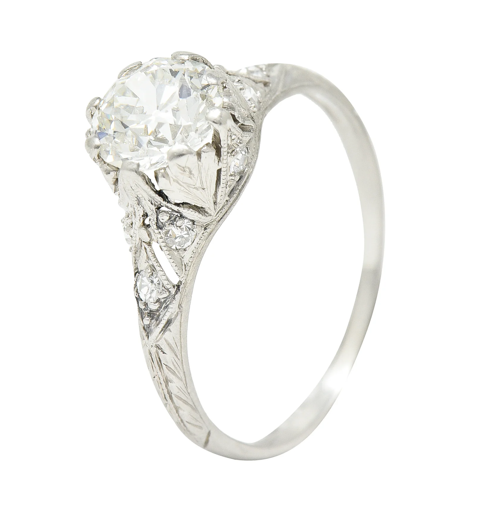 Early Art Deco 1.23 CTW Old European Cut Diamond Platinum Oak Leaf Antique Engagement Ring - Image 8