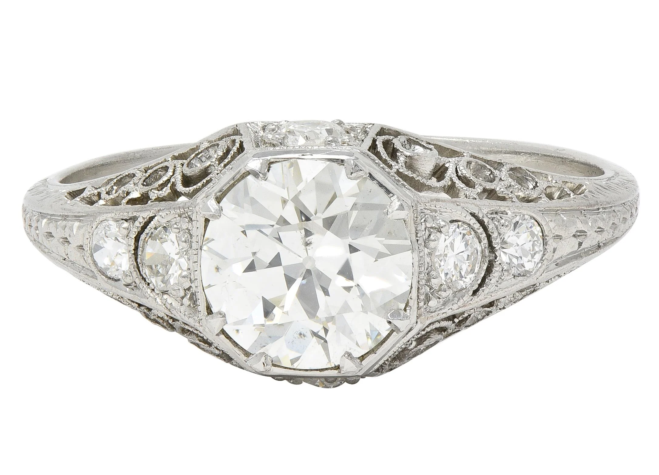 Early Art Deco 1.92 CTW Old European Cut Diamond Platinum Antique Scrolled Filigree Engagement Ring