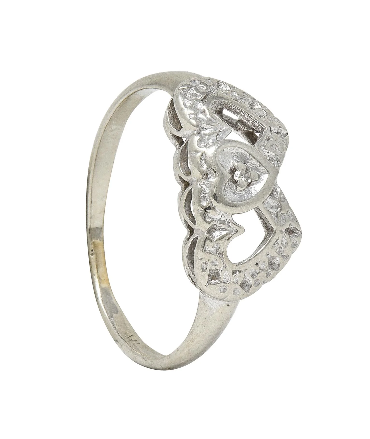 Early Art Deco 14 Karat White Gold Double Heart Floral Antique Ring - Image 12