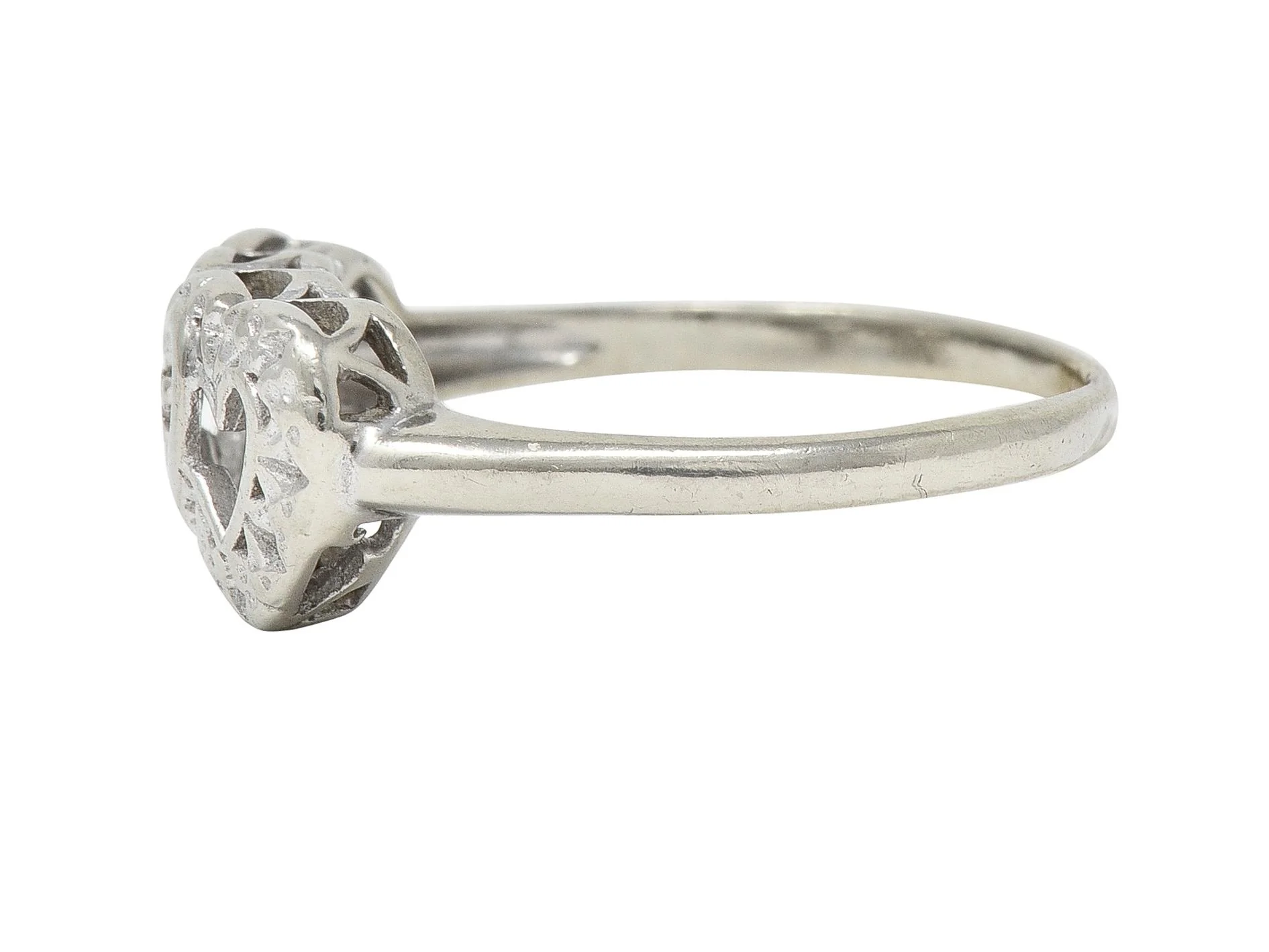 Early Art Deco 14 Karat White Gold Double Heart Floral Antique Ring - Image 5