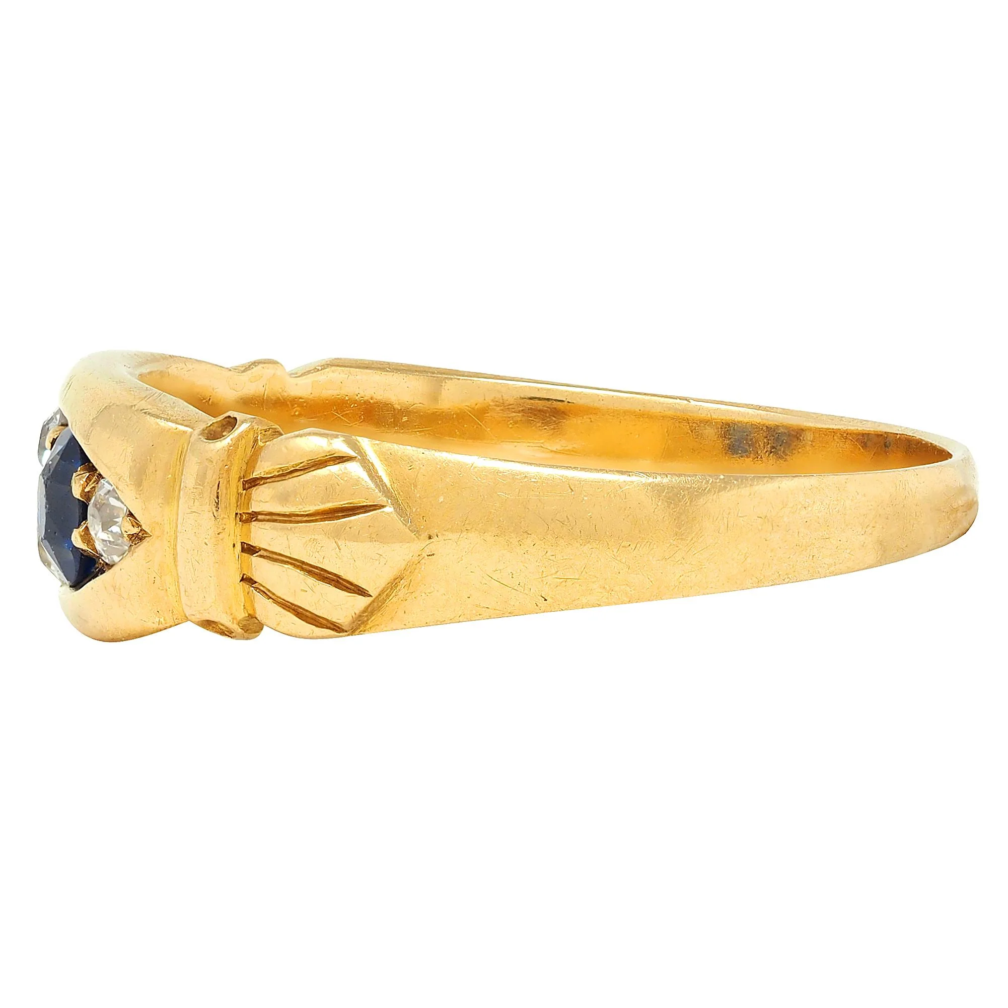 Early Art Deco 1919 Sapphire Diamond 18 Karat Yellow Gold Antique Marquise Band Ring - Image 4