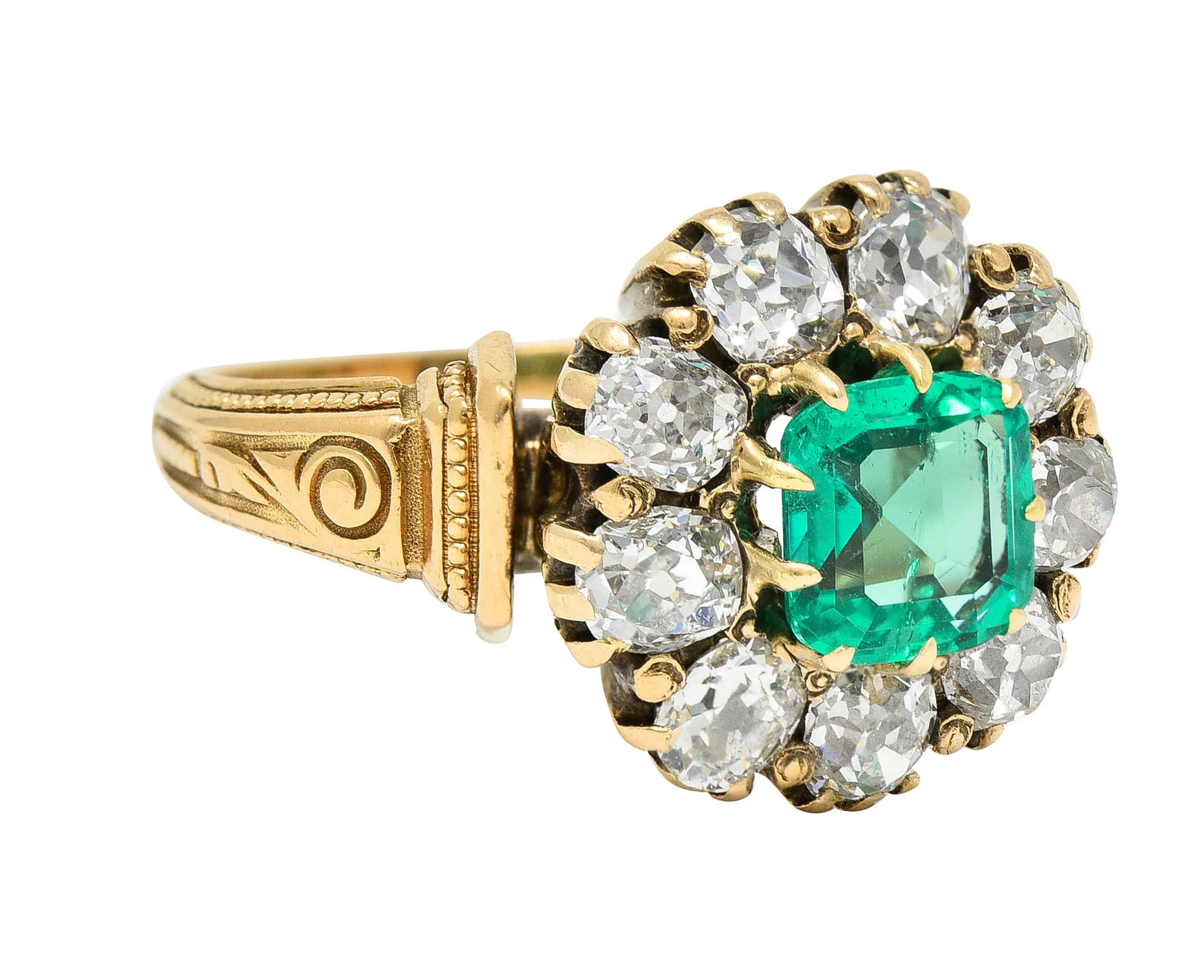 Early Art Deco 2.60 CTW Emerald Diamond 18 Karat Gold Cluster Ring - Image 2
