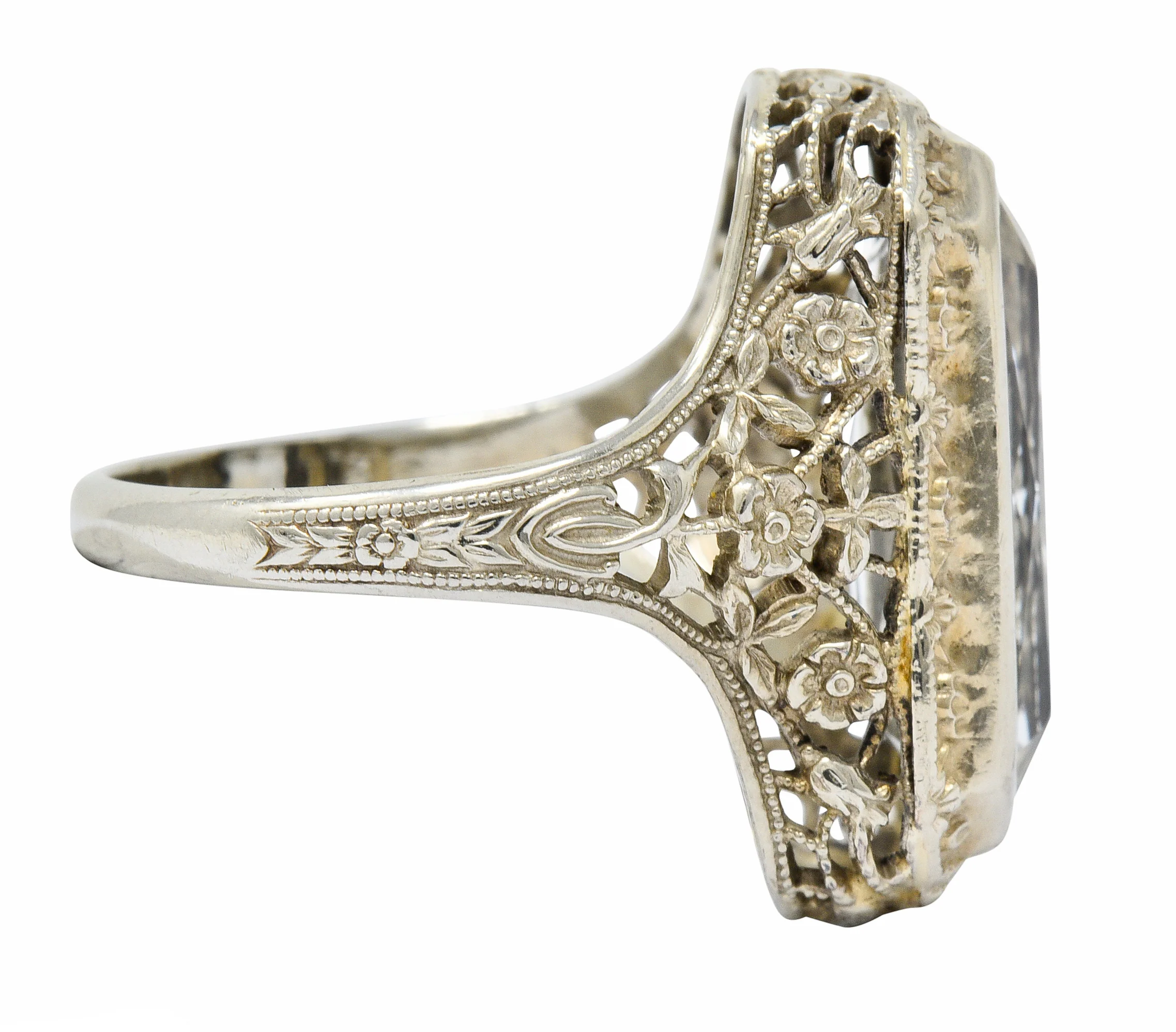 Early Art Deco Aquamarine 14 Karat White Gold Floral Lace Ring - Image 4