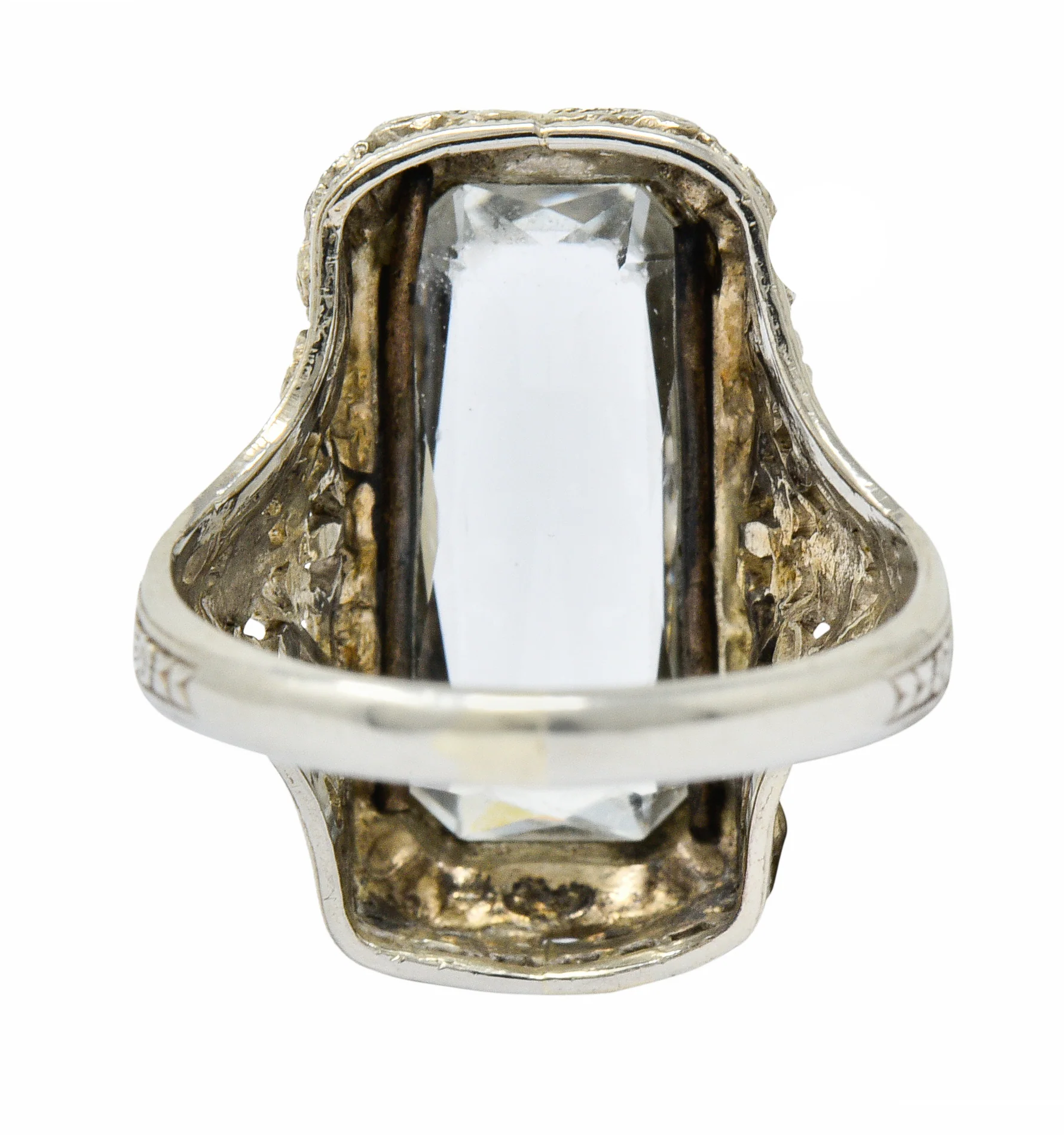 Early Art Deco Aquamarine 14 Karat White Gold Floral Lace Ring - Image 5