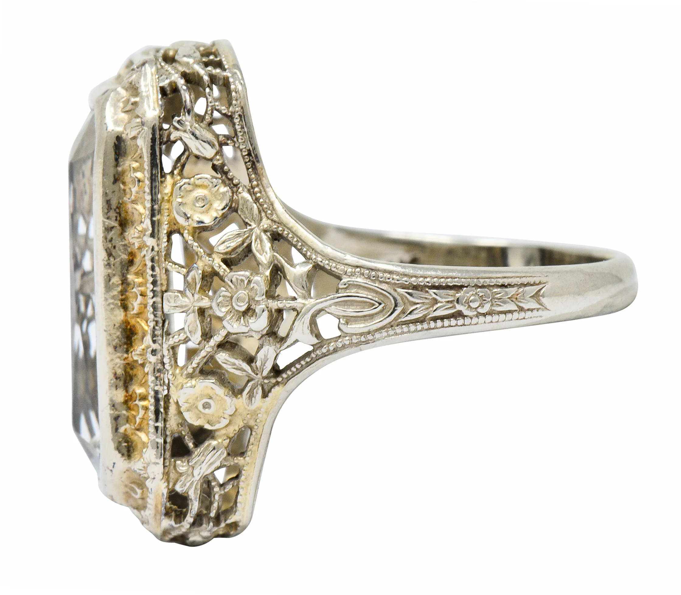 Early Art Deco Aquamarine 14 Karat White Gold Floral Lace Ring - Image 6