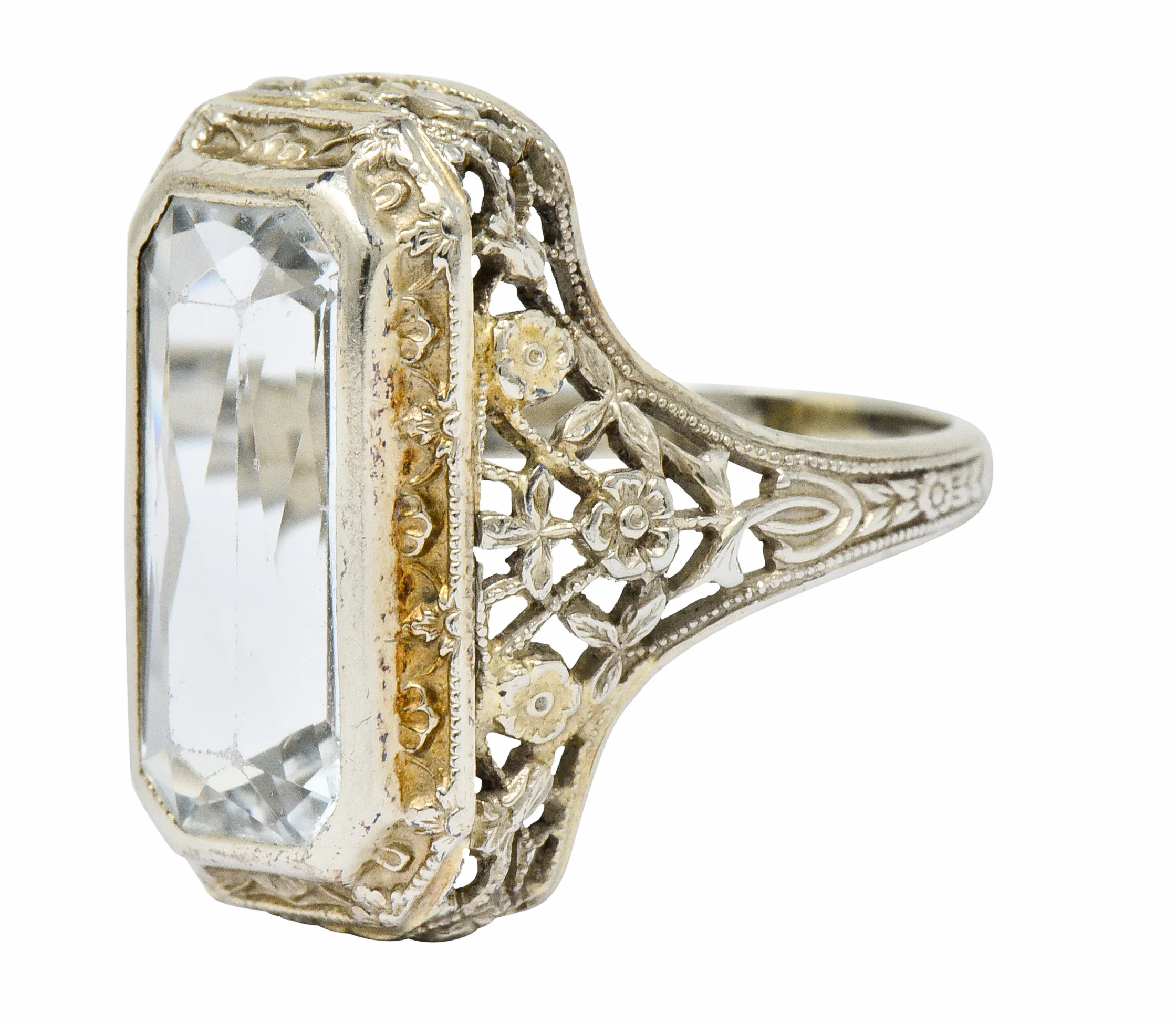 Early Art Deco Aquamarine 14 Karat White Gold Floral Lace Ring - Image 7