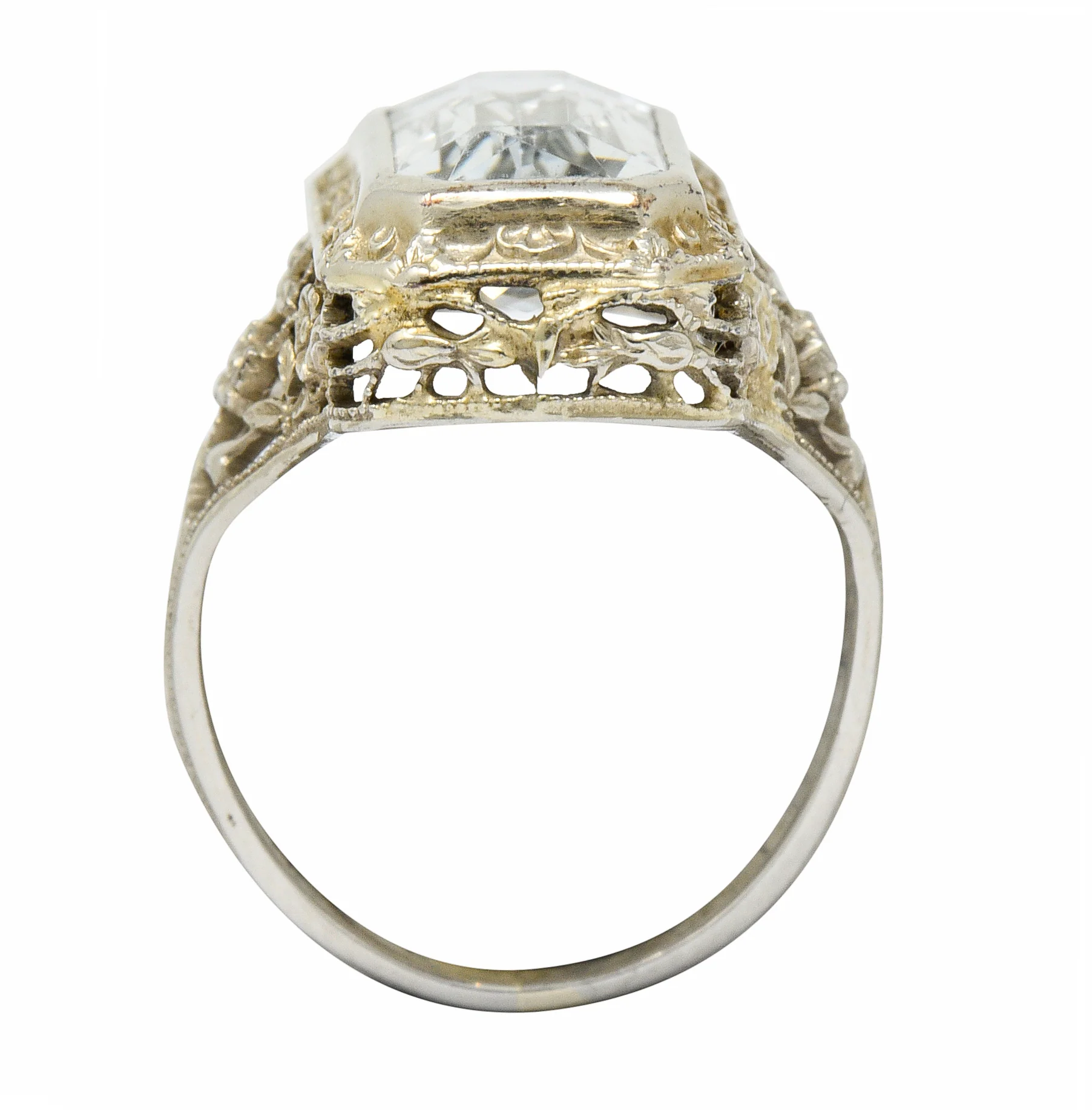Early Art Deco Aquamarine 14 Karat White Gold Floral Lace Ring - Image 9