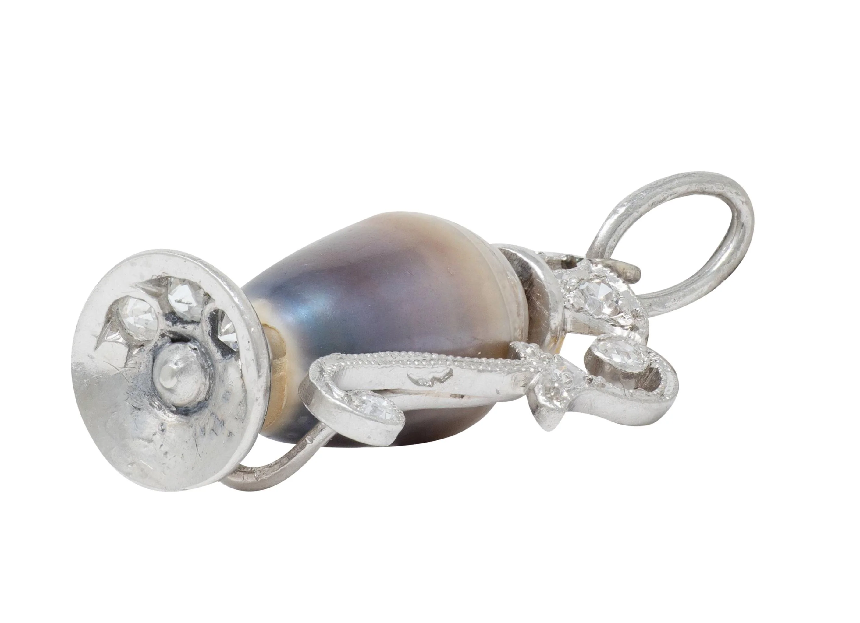 Early Art Deco Baroque Pearl Diamond Platinum 18 Karat Gold Antique Pitcher Charm - Image 5