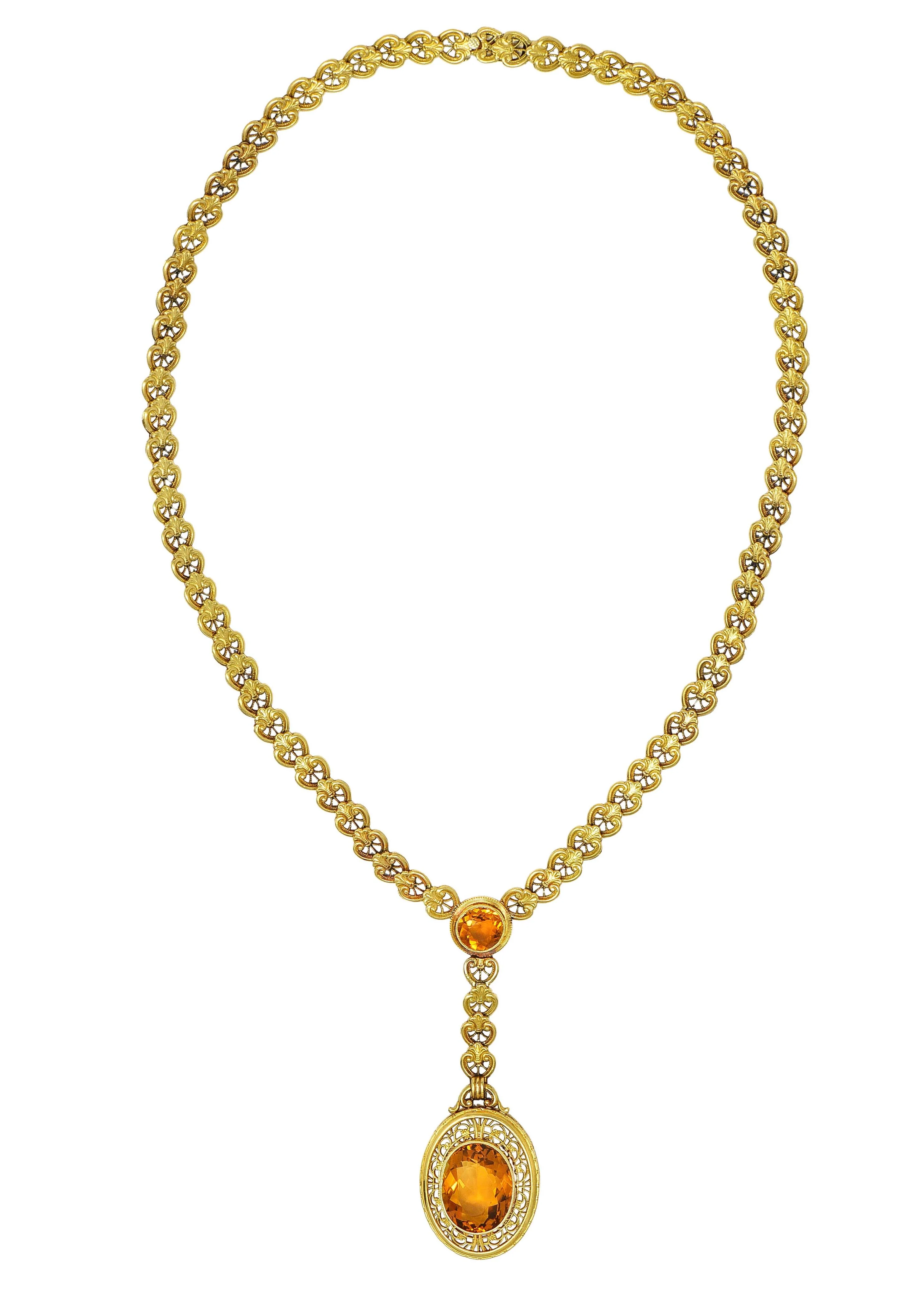 Early Art Deco Bippart & Co. Citrine 14 Karat Yellow Gold Lotus Antique Sautoir Drop Necklace - Image 13