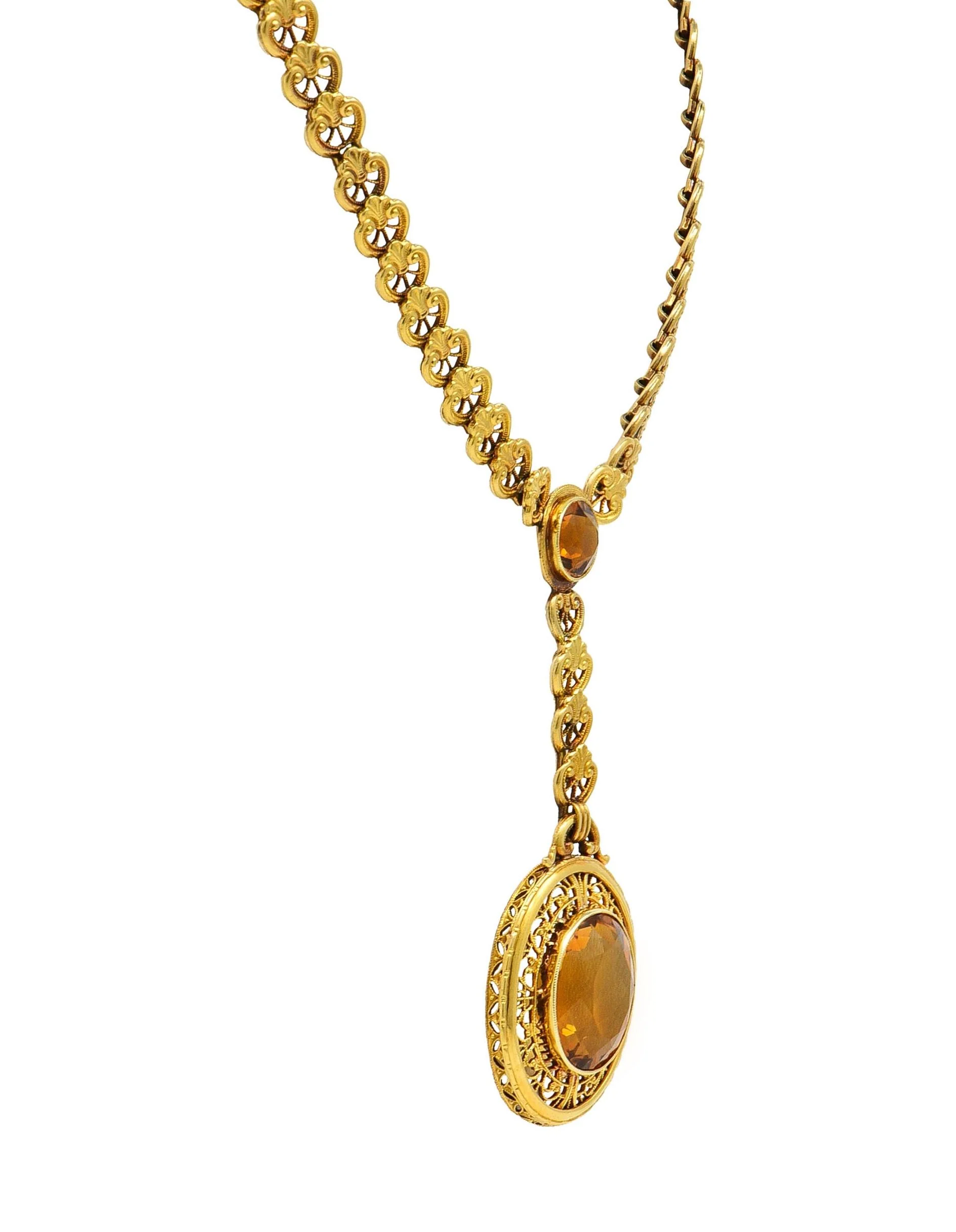 Early Art Deco Bippart & Co. Citrine 14 Karat Yellow Gold Lotus Antique Sautoir Drop Necklace - Image 6