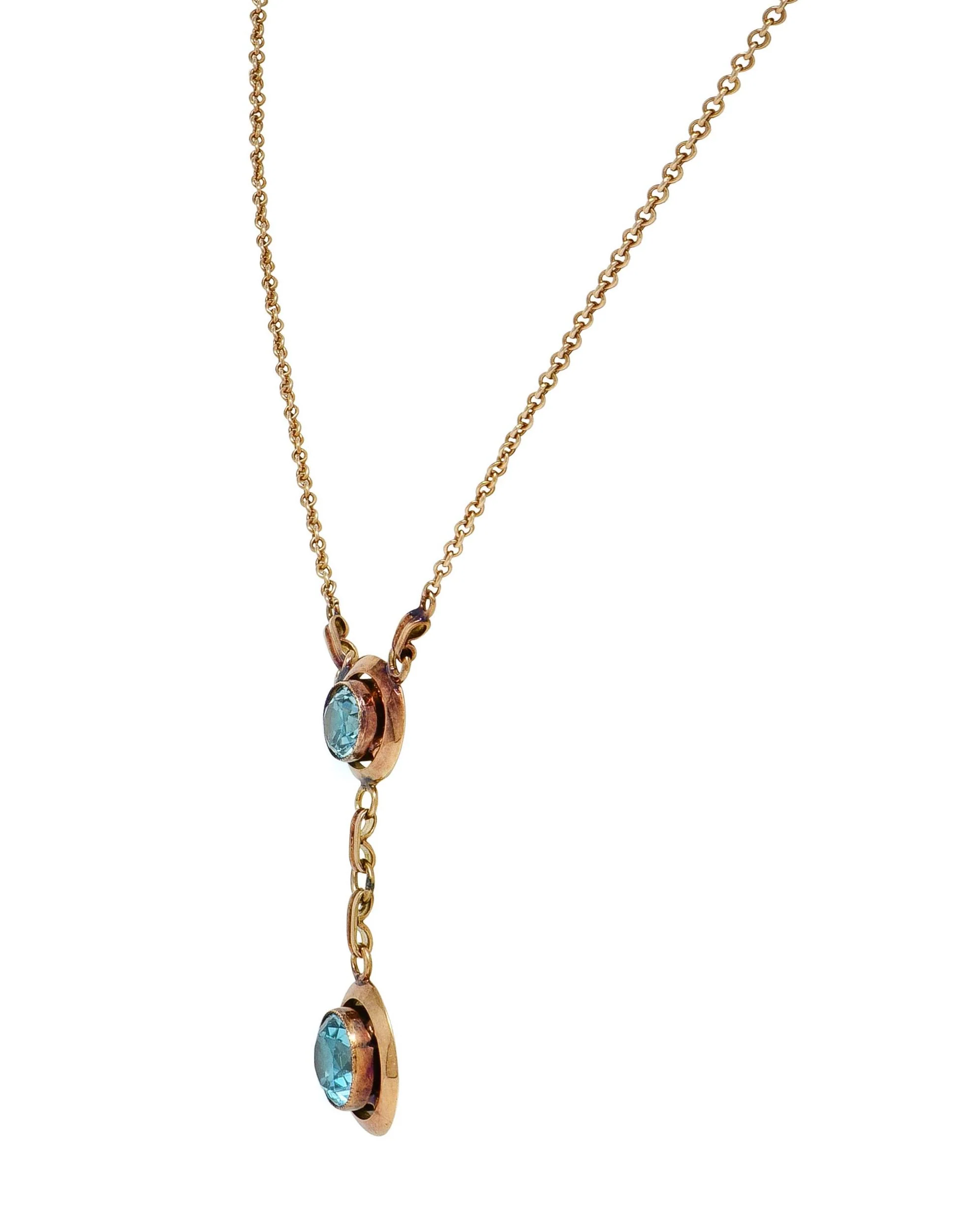 Early Art Deco Blue Zircon 14 Karat Yellow Gold Sartouir Antique Drop Necklace - Image 4