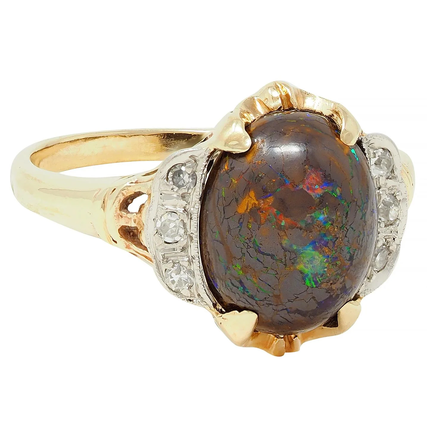 Early Art Deco Boulder Opal Diamond Platinum 14 Karat Gold Antique Garland Ring - Image 2