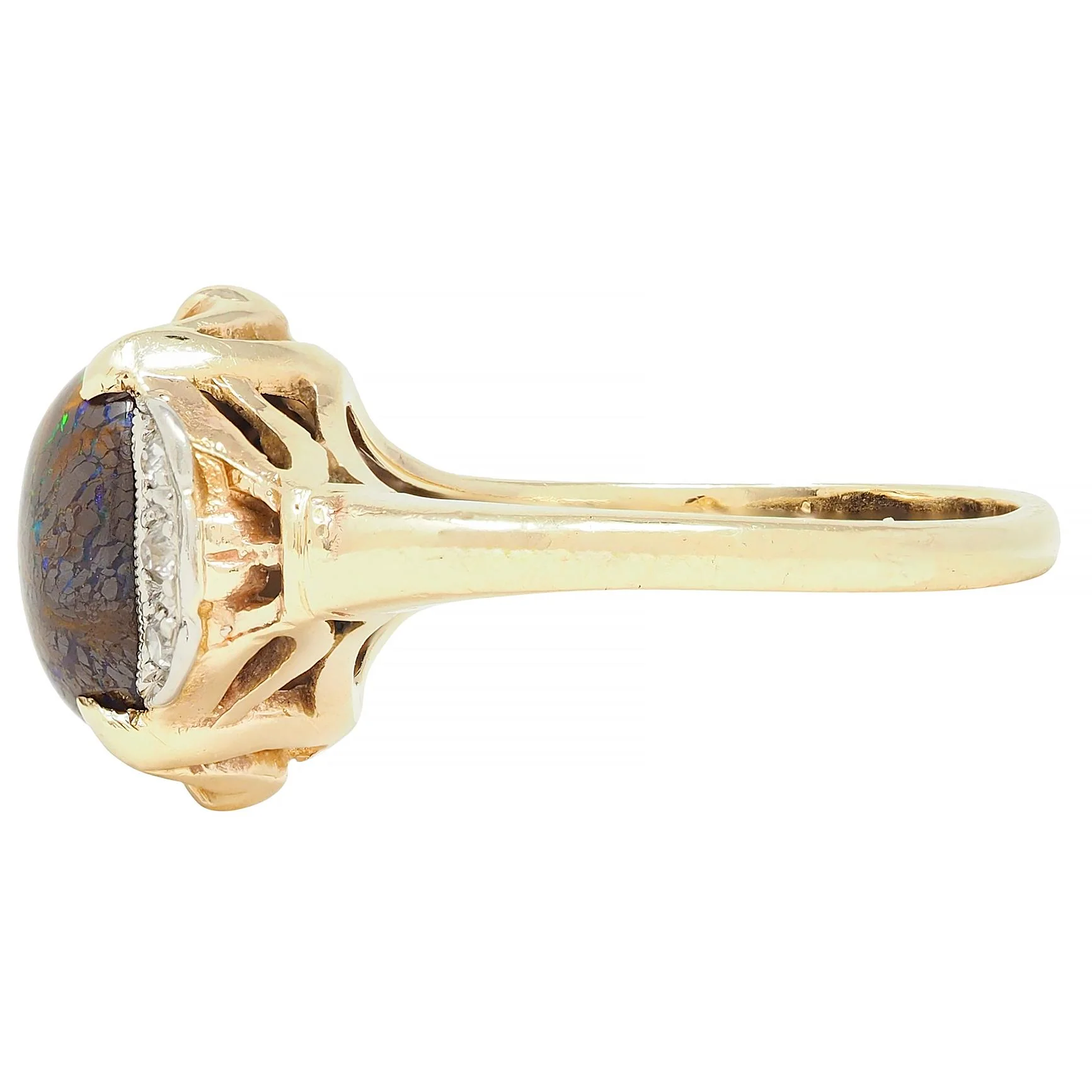 Early Art Deco Boulder Opal Diamond Platinum 14 Karat Gold Antique Garland Ring - Image 5