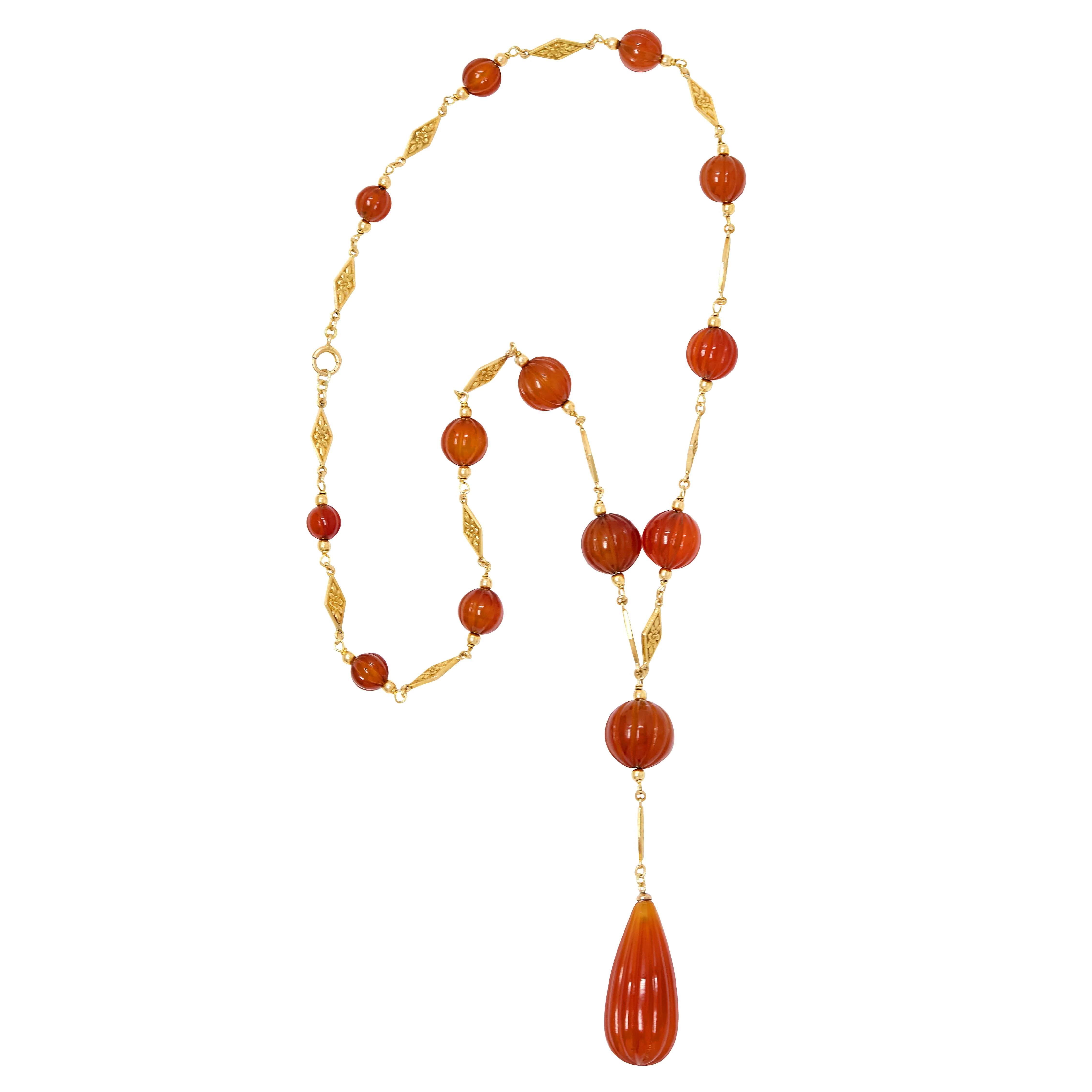 Early Art Deco Carnelian 14 Karat Yellow Gold Antique Orange Blossom Sautoir Necklace - Image 3